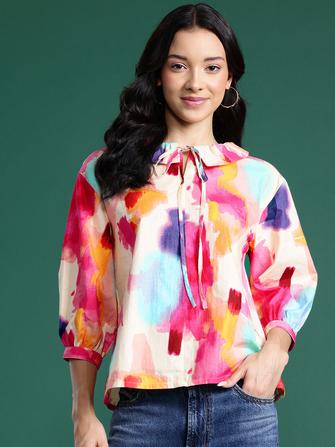 DressBerry Dyed Tie-Up Neck Puff Sleeves Cotton Top