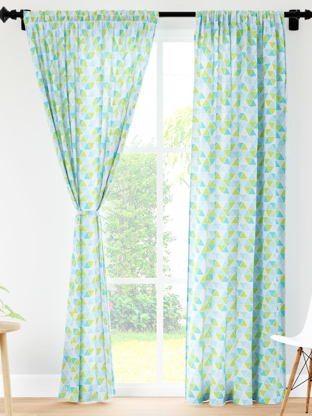 Encasa Homes Blue & Green 2 Pieces Triangles Sheer Door Curtains