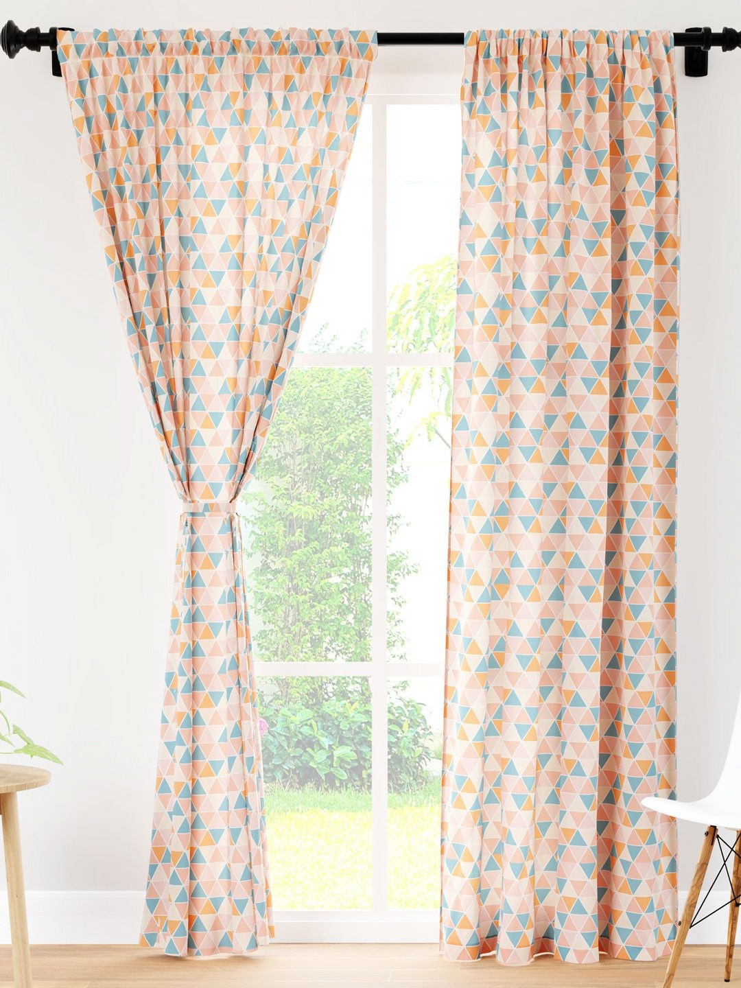 Encasa Homes Orange & Teal Green 2 Pieces Triangles Apricot Sheer Door Curtains