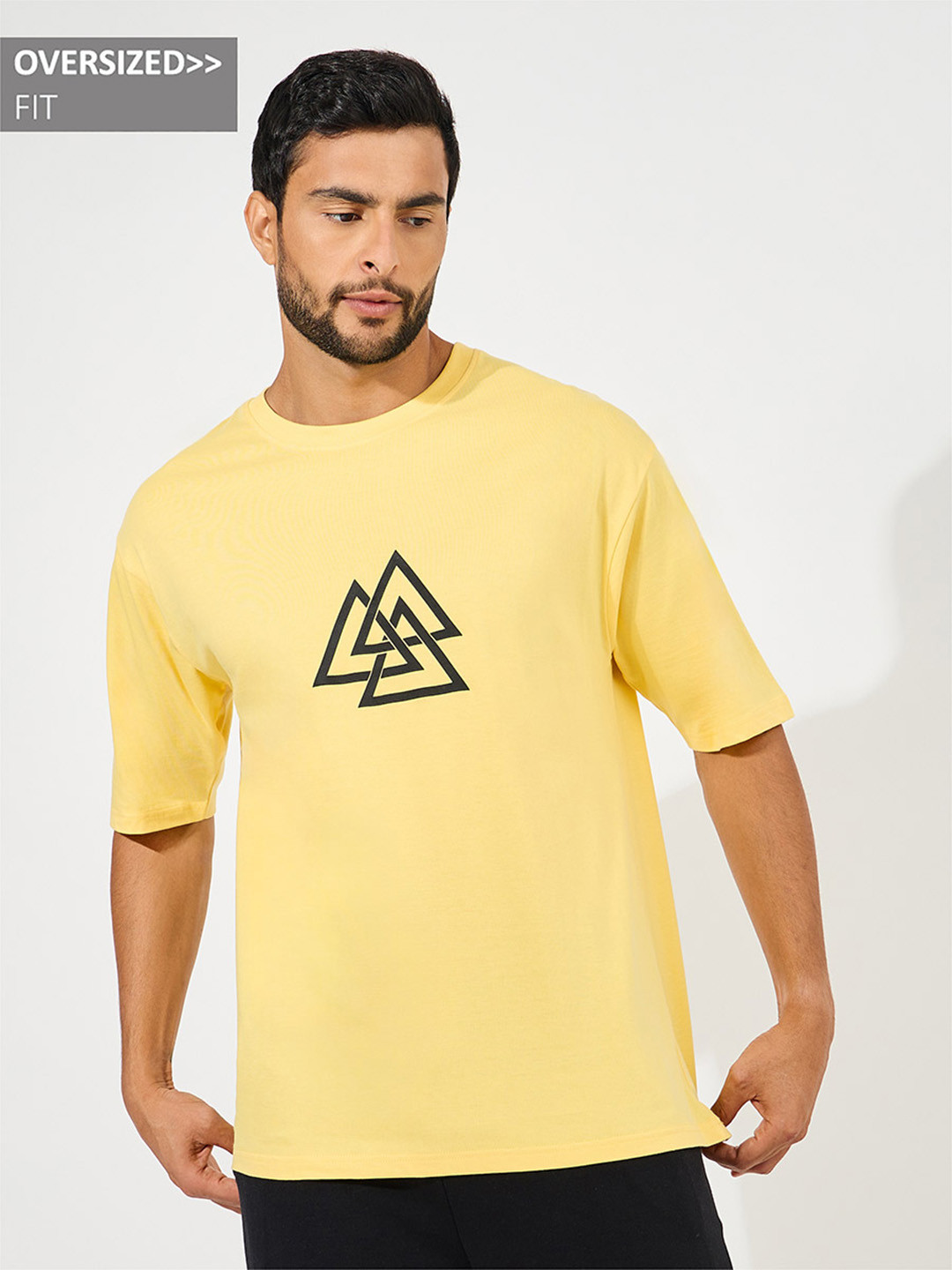 Styli Men Yellow HD Minimal Print Oversize Fit Compact Jersey Tee
