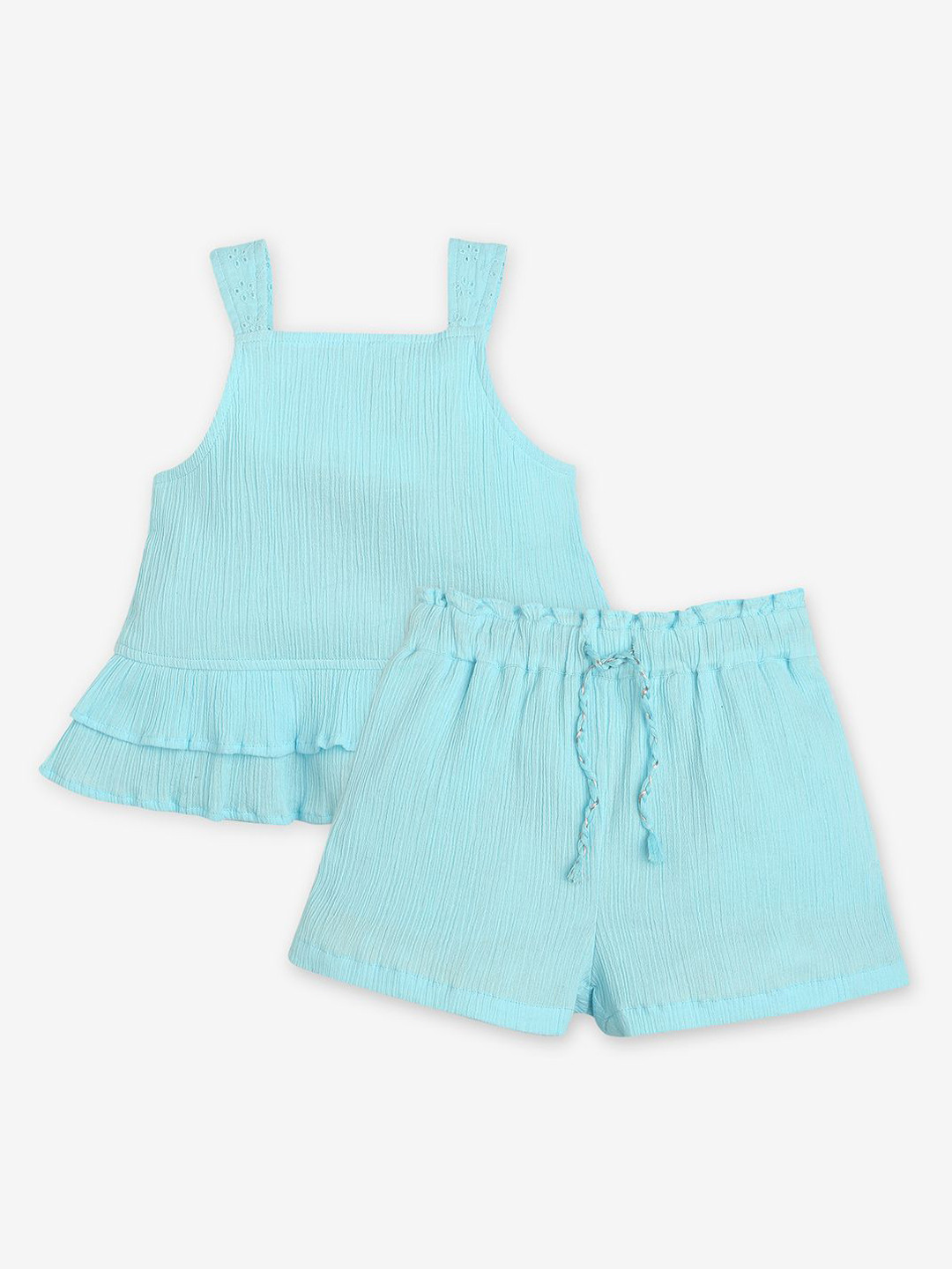 Ed-a-Mamma Girls Blue Solid Pure Cotton Top With Shorts Clothing Set