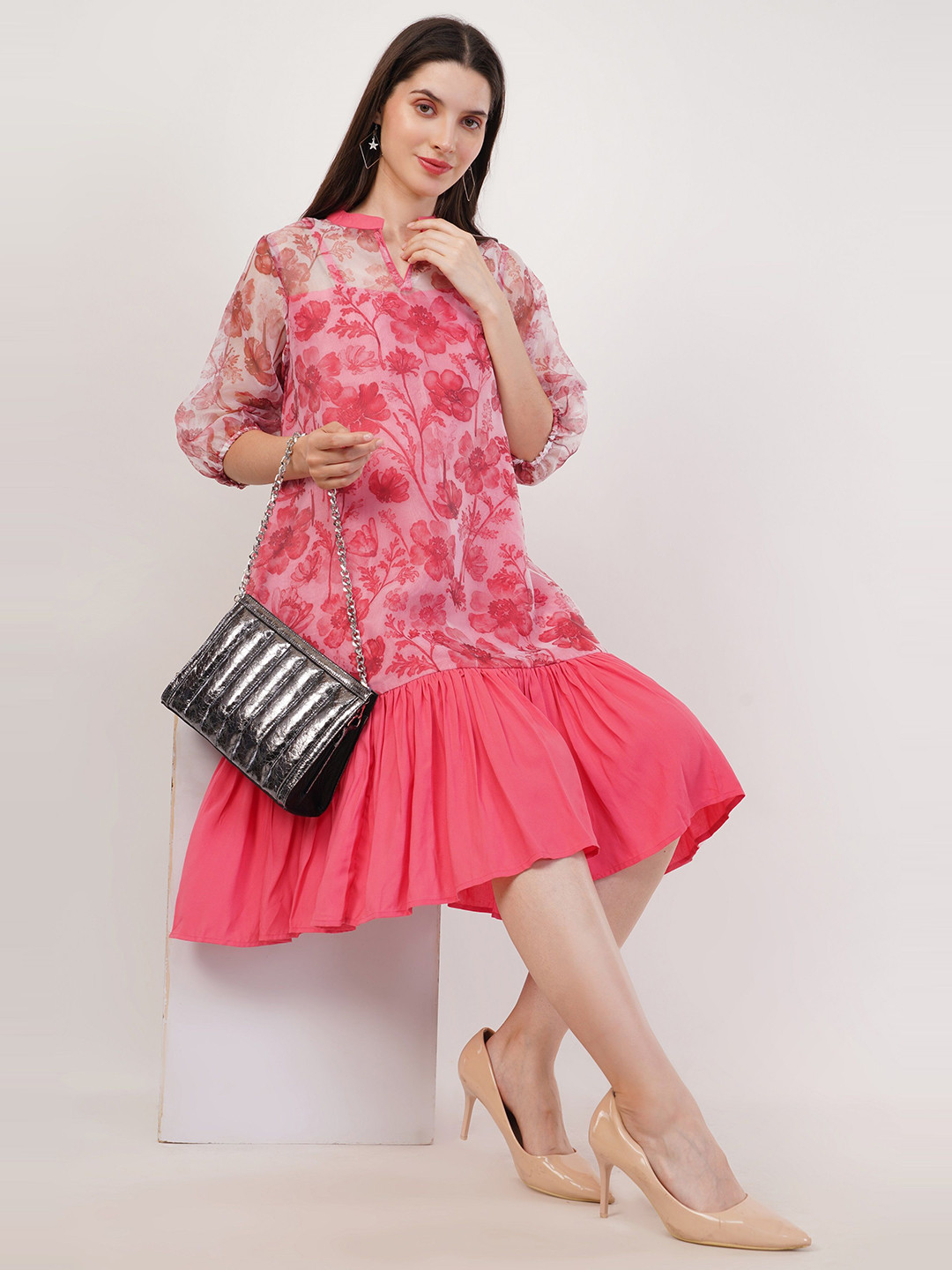 Rhe-Ana Floral Print Bell Sleeve Drop-Waist Dress