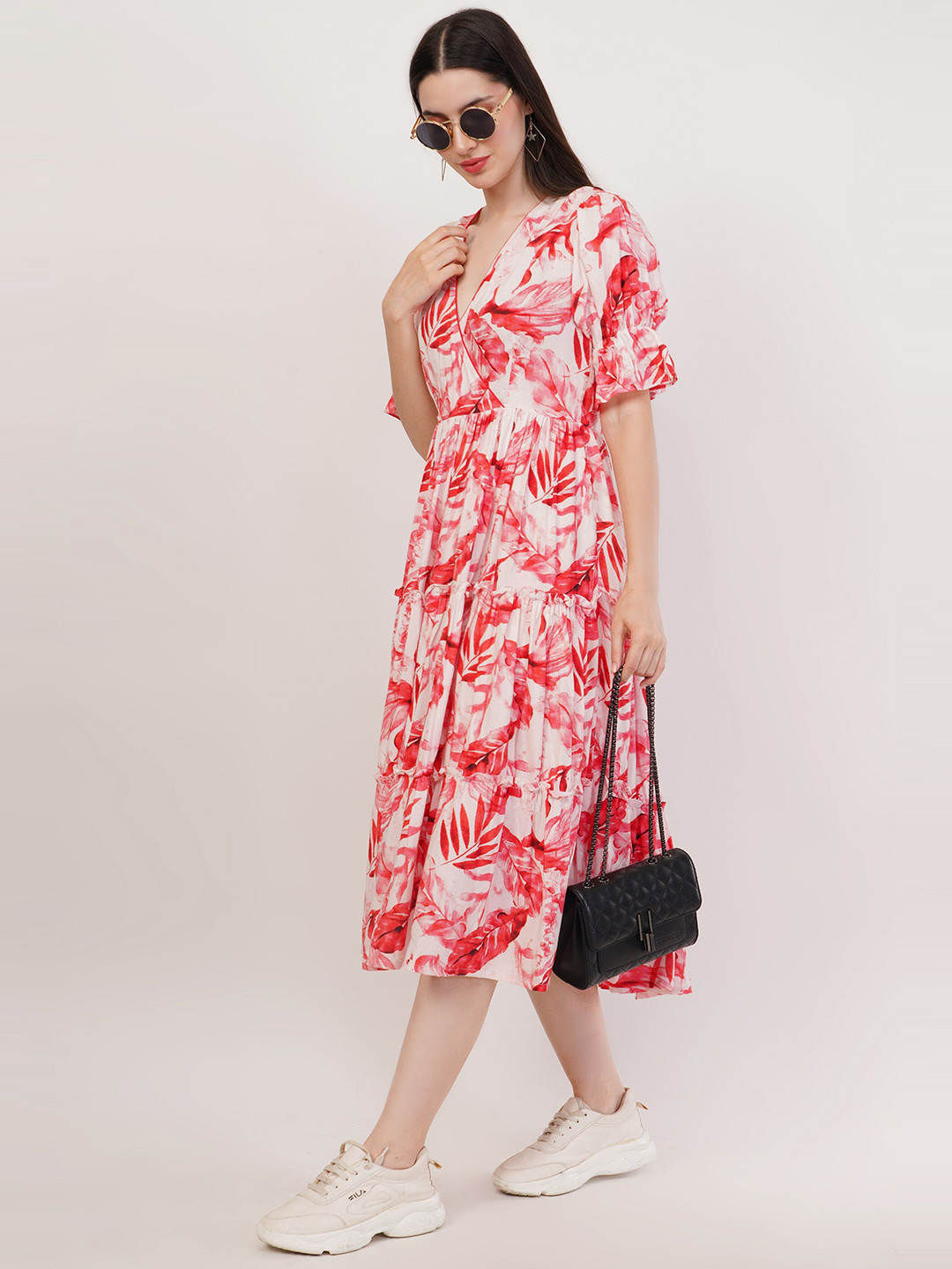 Rhe-Ana Floral Print Layered Fit & Flare Midi Dress