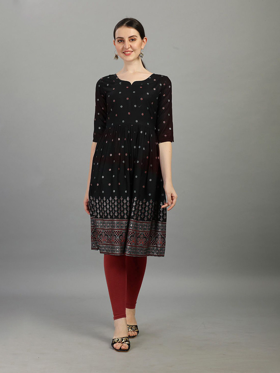 Crally Notched Neck Short Sleeves Ethnic Printed Straight Kurta