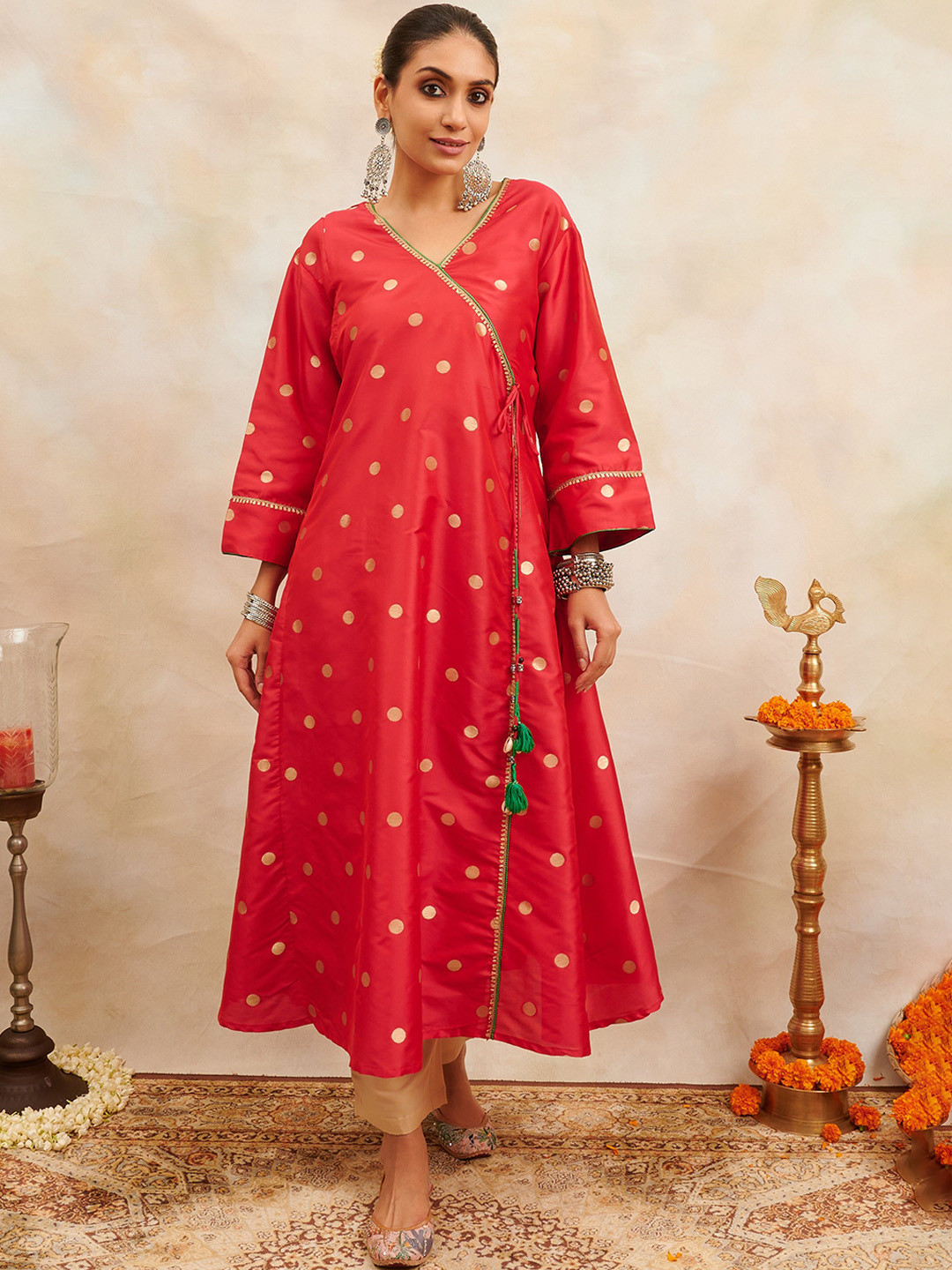 Tahiliya Red Gold Khari Printed Moonga Silk Angrakha Kurta