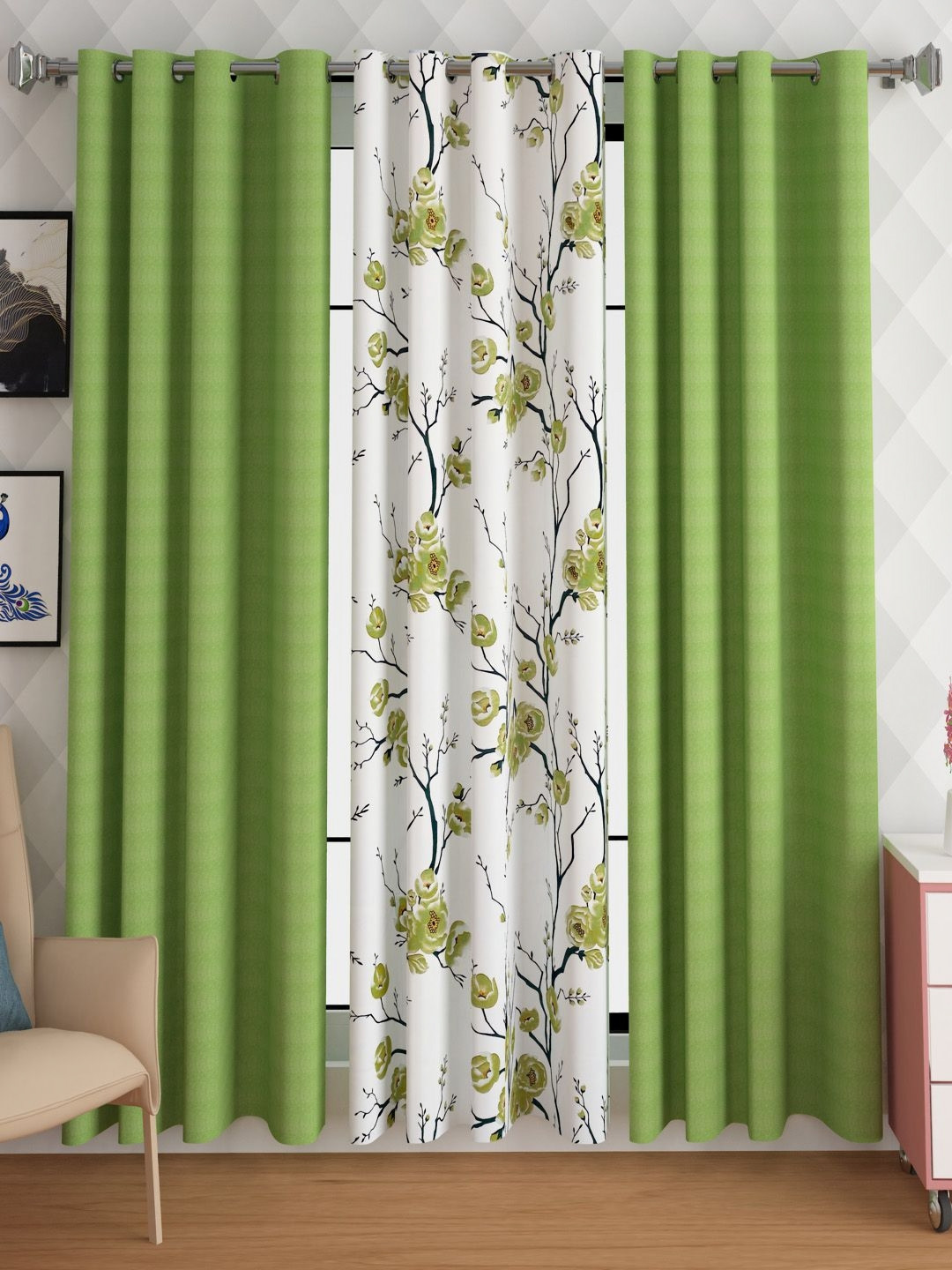 Lunar Days Green & White 3 Pieces Floral Room Darkening Door Curtain