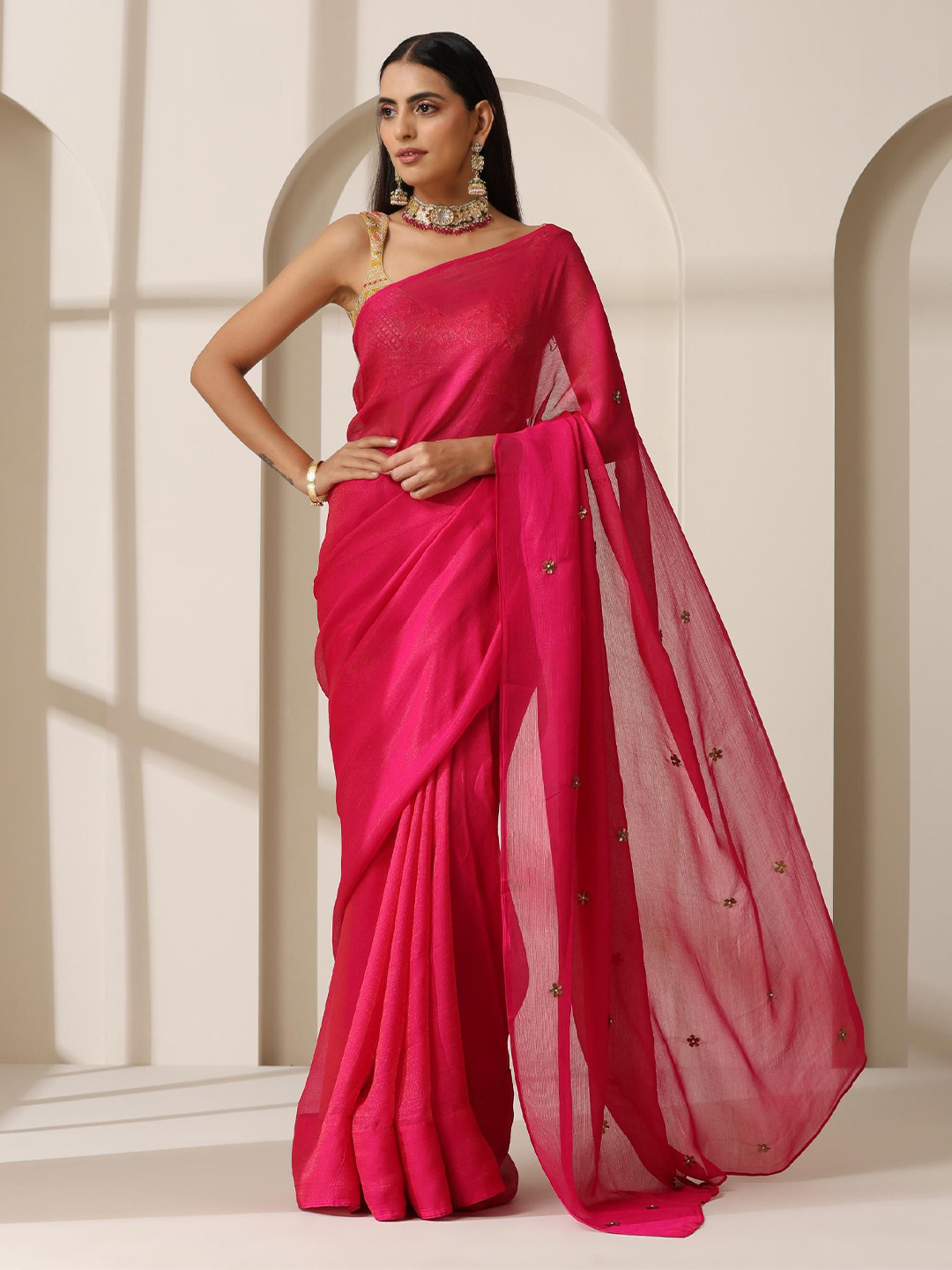 Swtantra Fuchsia Zari Chiffon Saree with Self Blouse Fabric