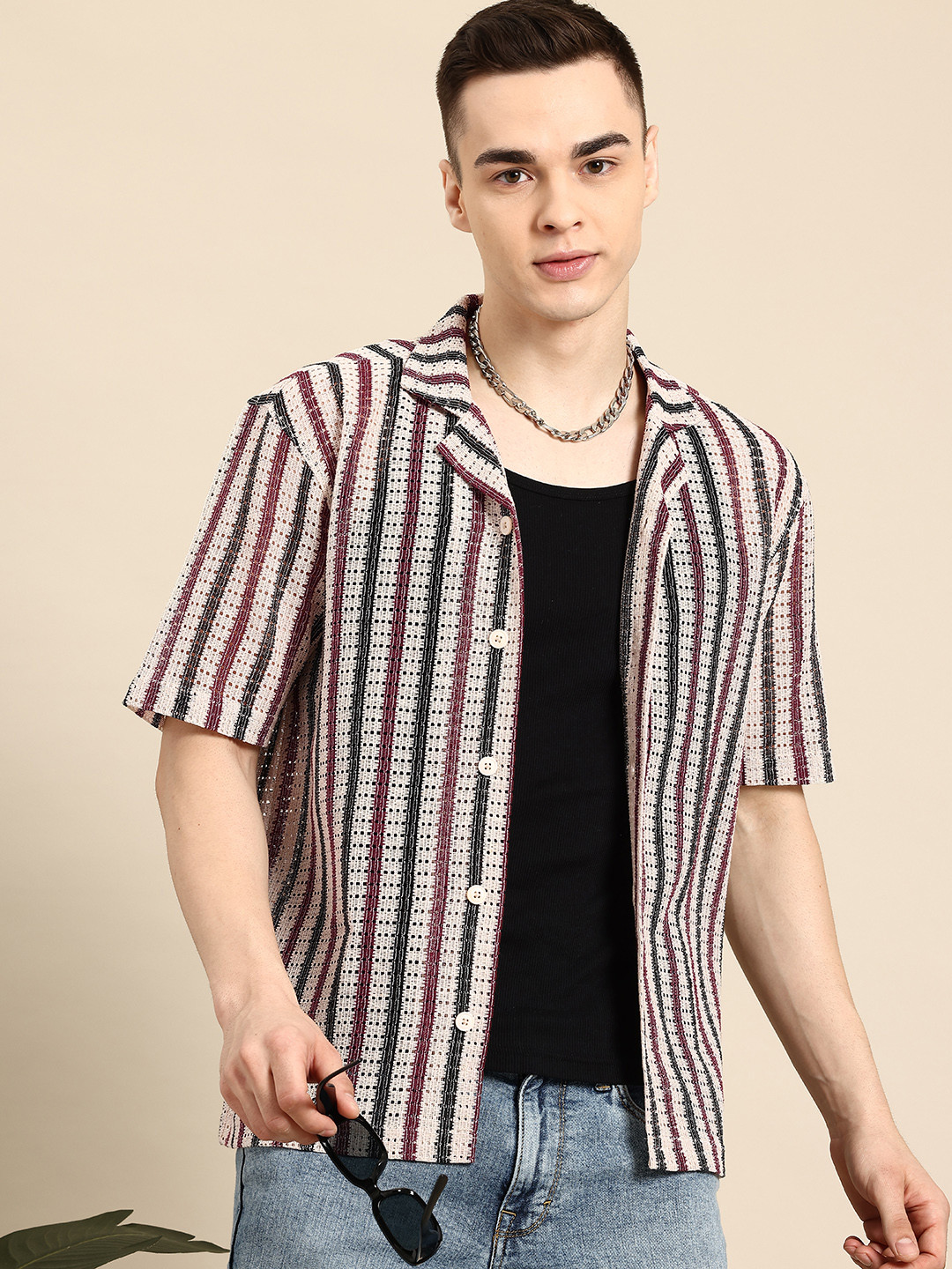Mast & Harbour Men Classic Cuban Collar Relaxed Fit Semi Sheer Casual Shirt