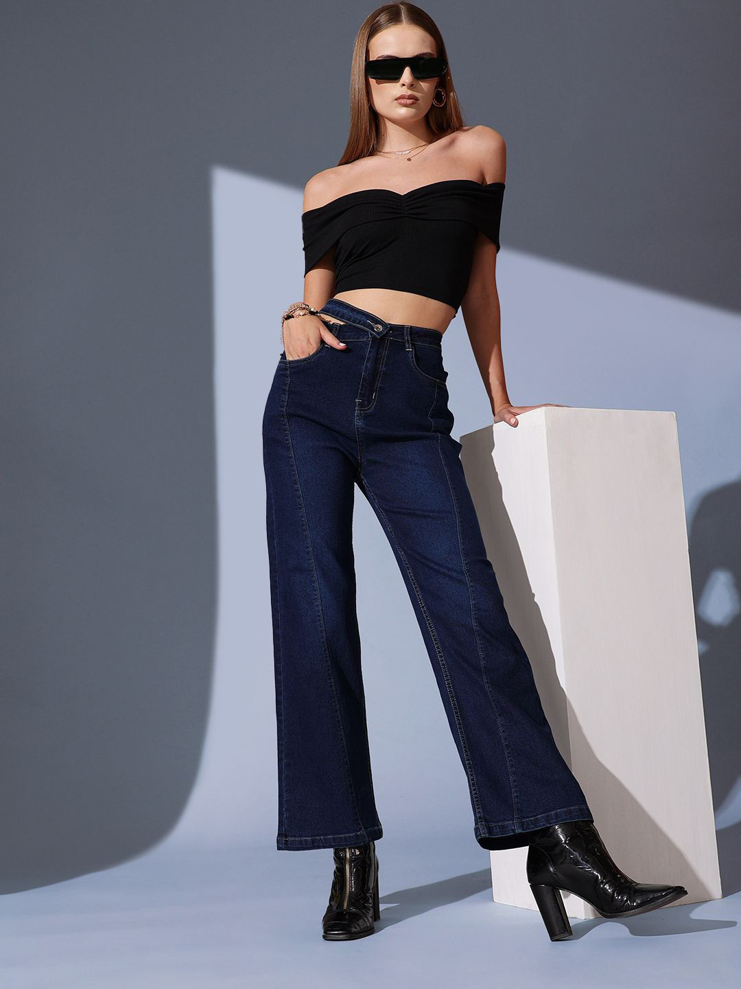 STREET 9 Off-Shoulder Solid Crop Bardot Top