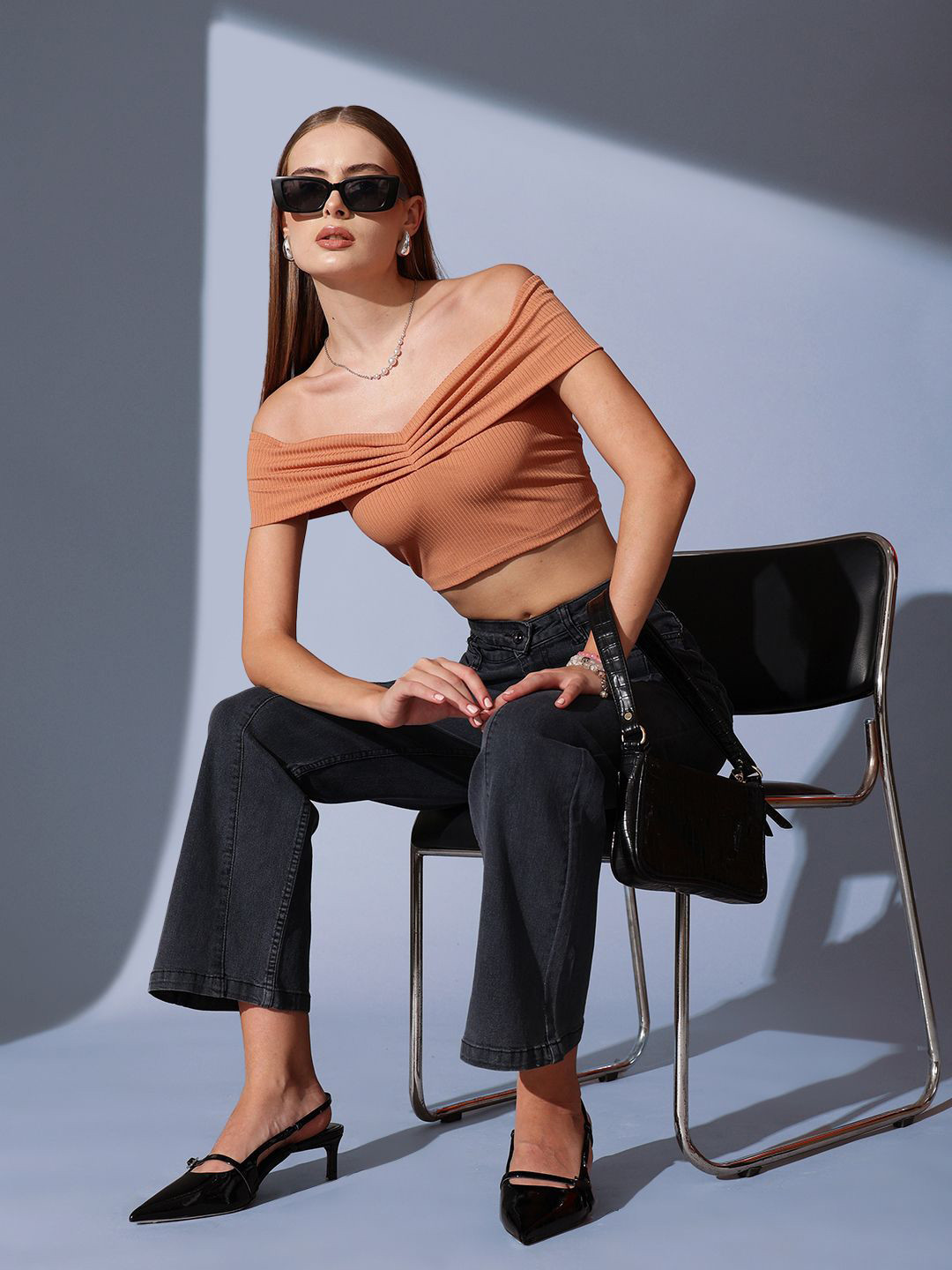 STREET 9 Off-Shoulder Solid Crop Bardot Top