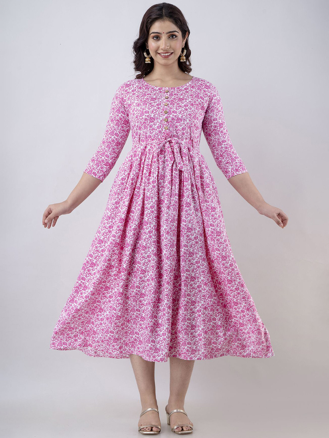 SHOOLIN Floral Print Fit & Flare Midi Dress