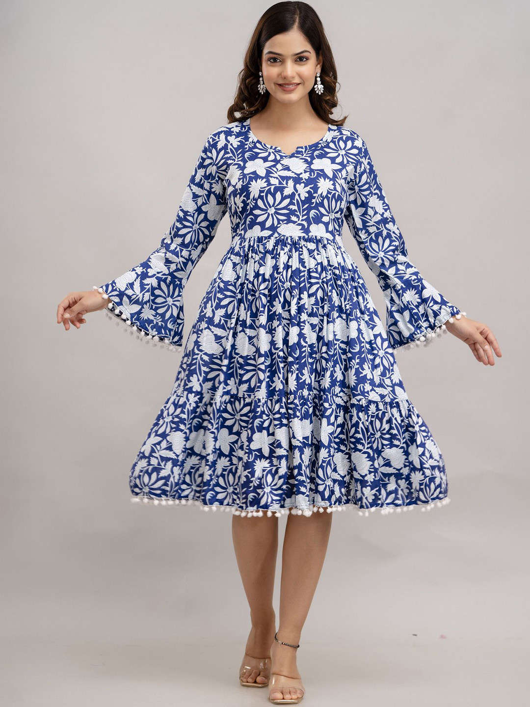SHOOLIN Floral Print Bell Sleeve with Pom-Pom Detail Fit & Flare Dress