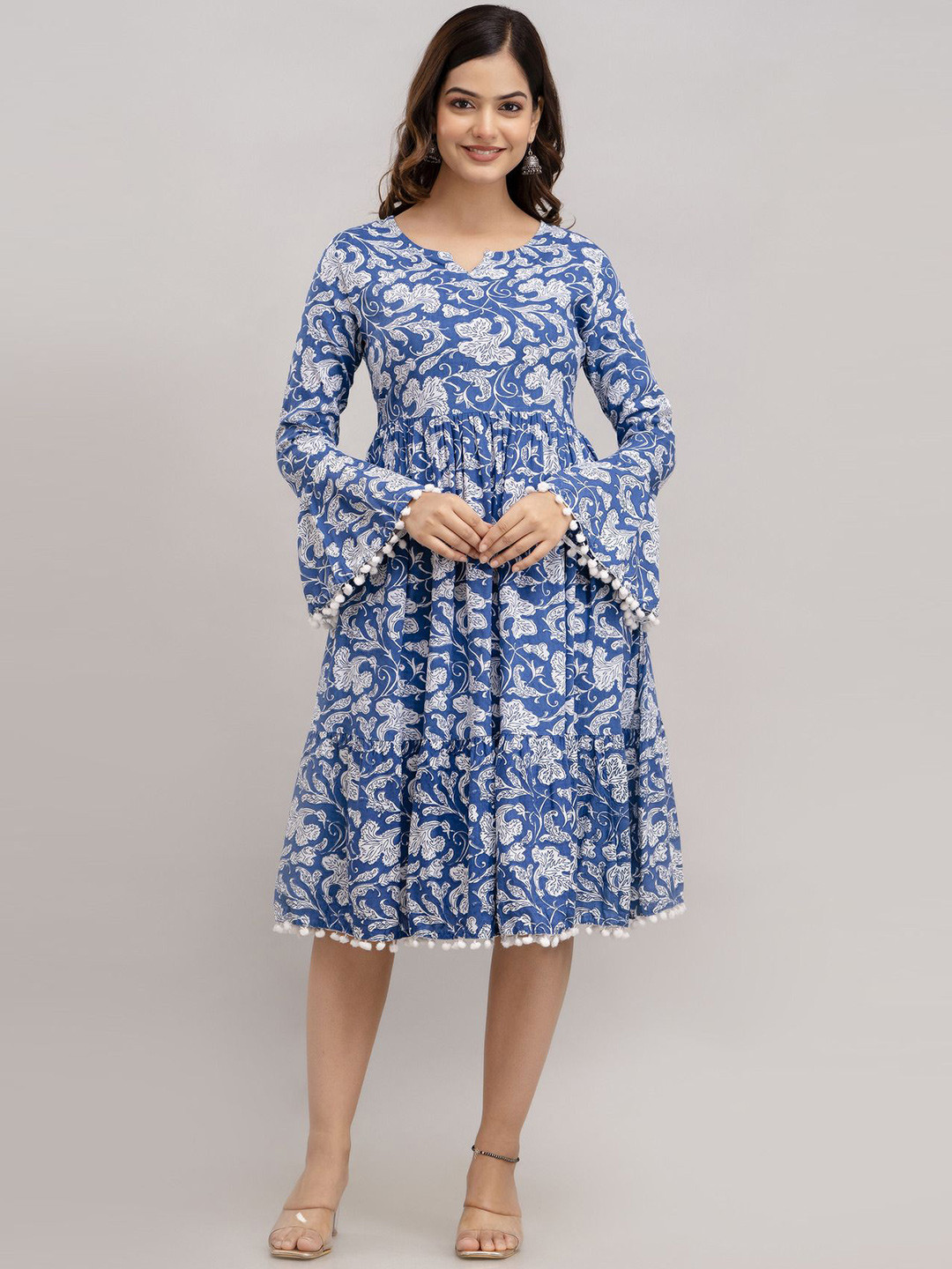 SHOOLIN Floral Print Bell Sleeve with Pom-Pom Detail Fit & Flare Dress
