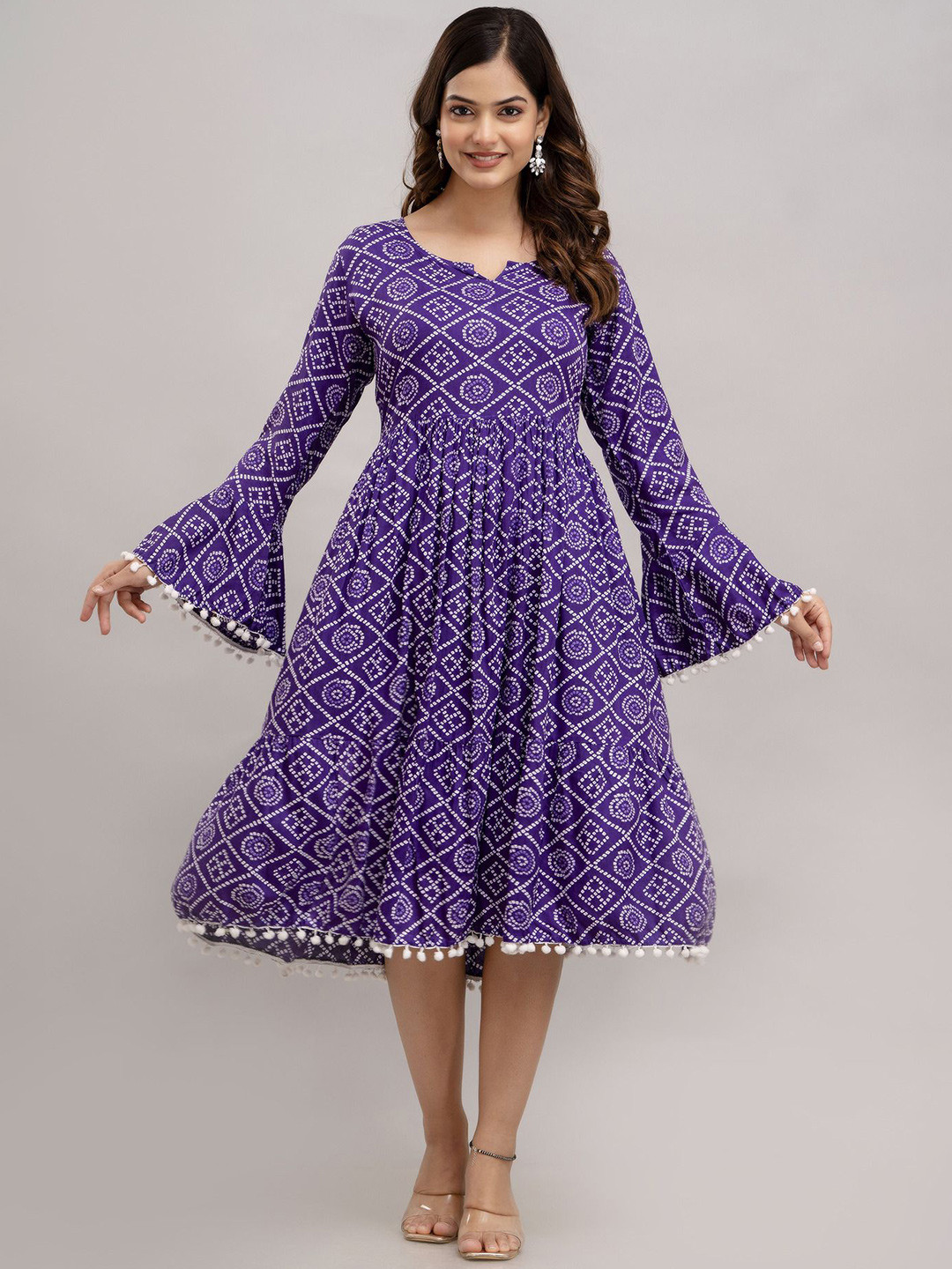 SHOOLIN Floral Print Bell Sleeve with Pom-Pom Detail Fit & Flare Midi Dress