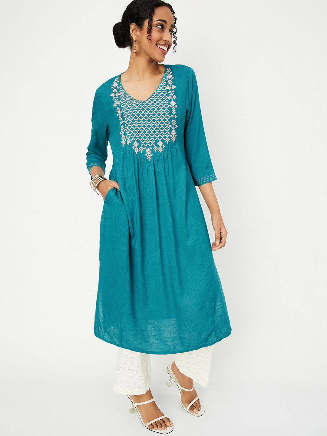 max WomenThread Work Embroidered Knee length with flared hem Solid Kurta