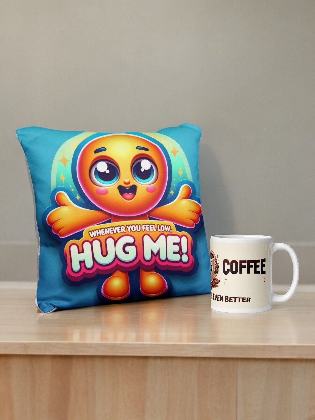 bettergiftflowers 2-Pcs Green & White Printed Cushion Coffee Mug Combo