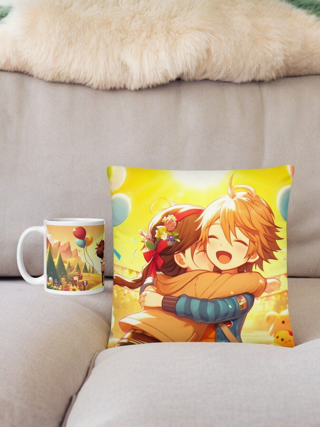 bettergiftflowers Printed Yellow & Green Prefilled Cushions With Printed Mug