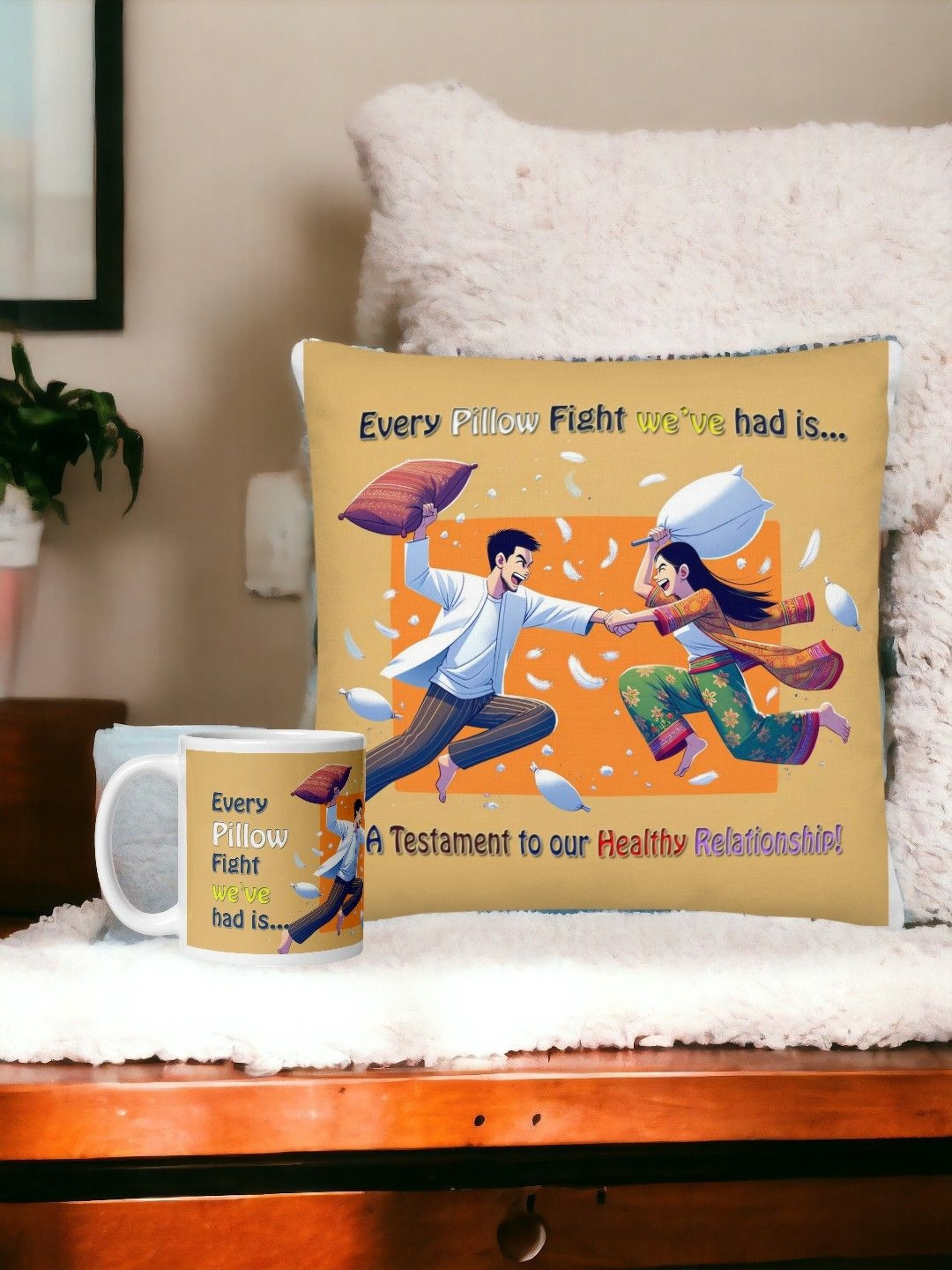 bettergiftflowers Beige Printed Pillow Fight Cushion Mug Home Gift Set