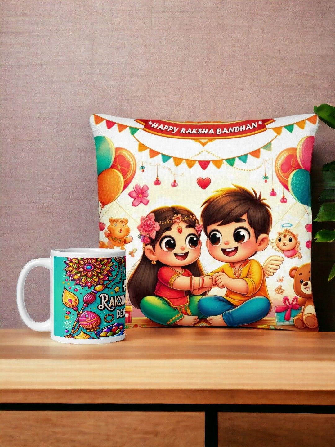 bettergiftflowers White & Brown Printed Raksha Bandhan Cushion Mug Home Gift Set