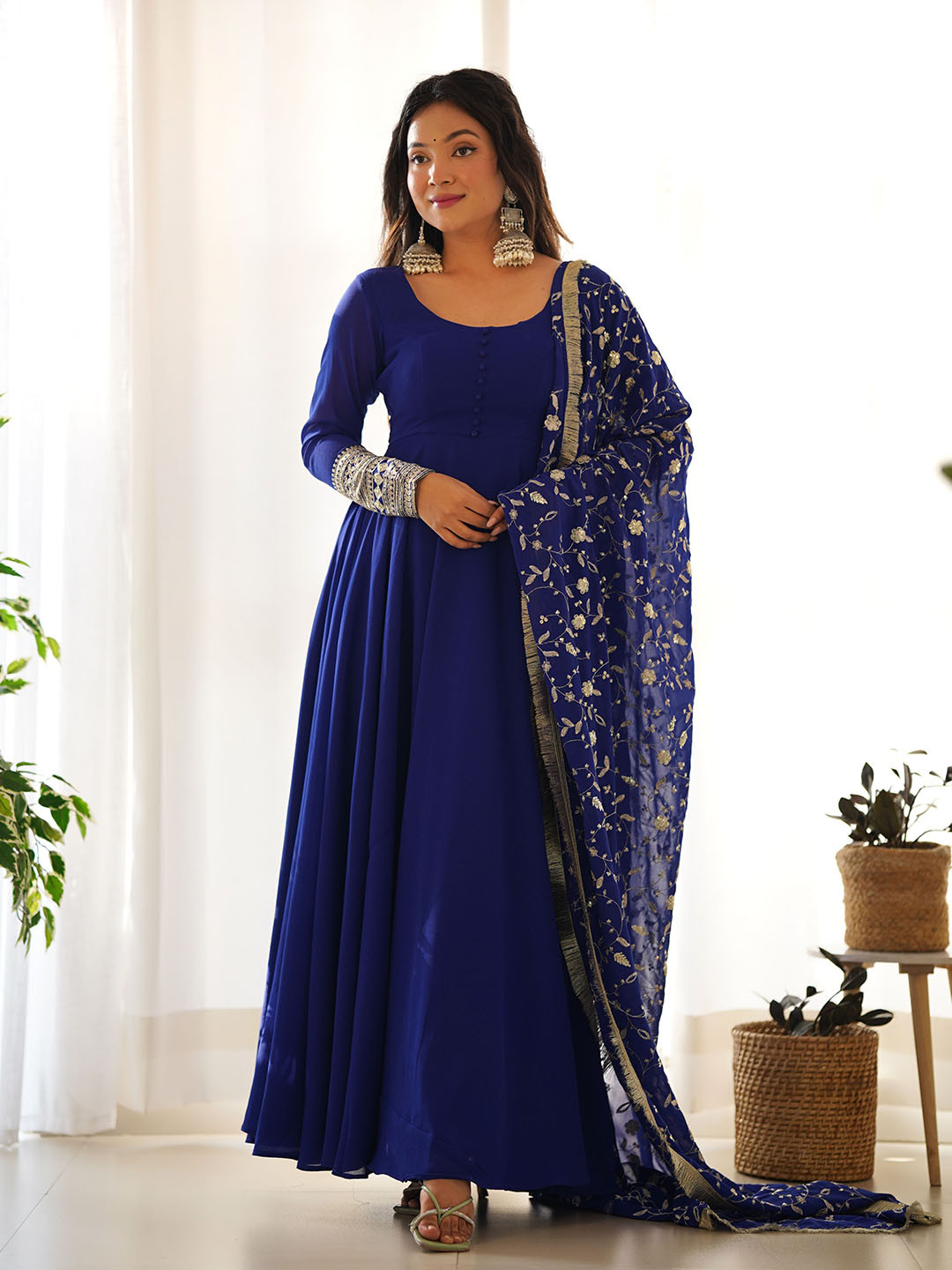 LABELKBBRAND Blue Round Neck Long Sleeves Anarkali Kurta With Trousers & Dupatta Set