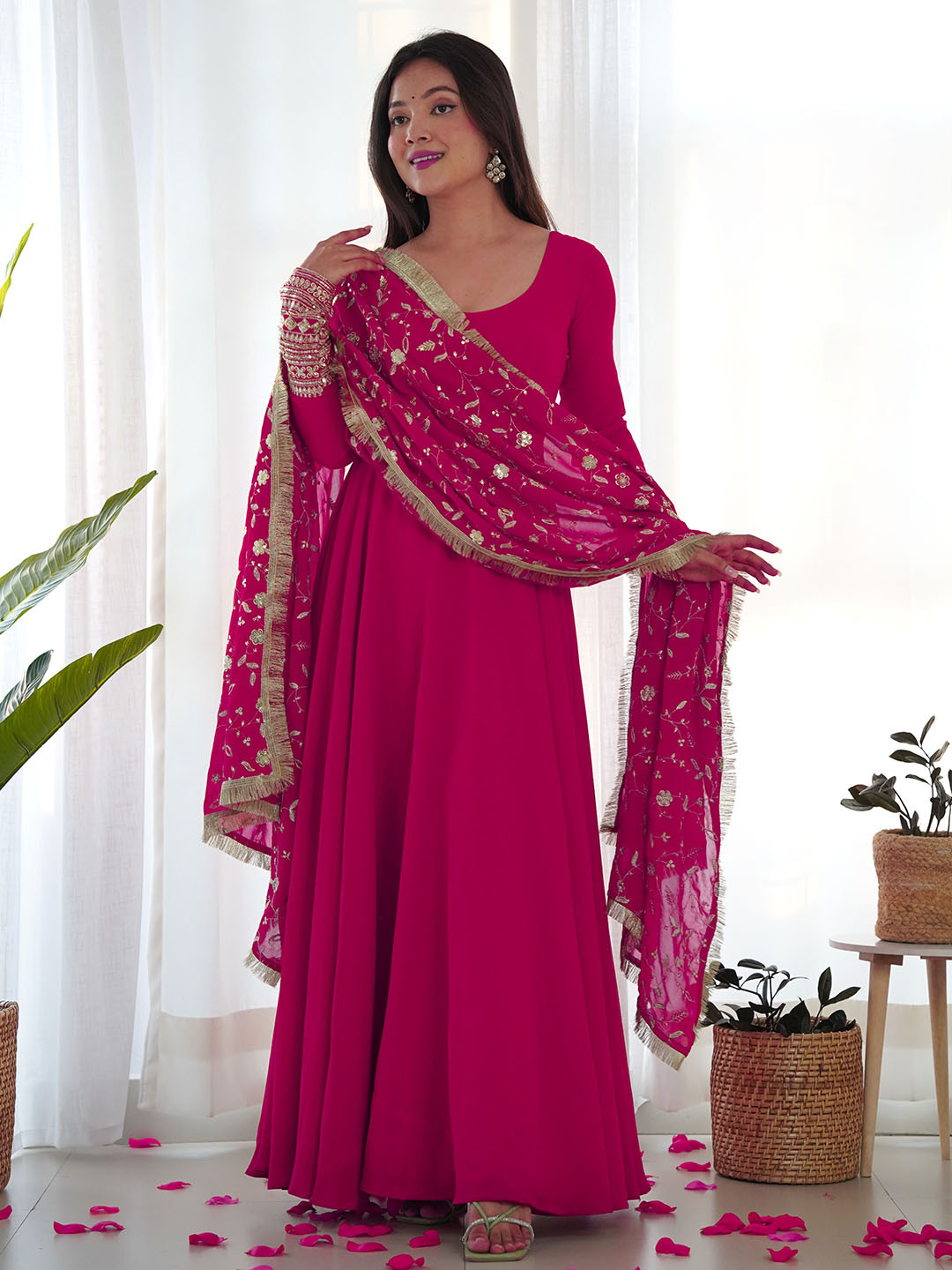 LABELKBBRAND Pink Round Neck Long Sleeves Anarkali Kurta With Trousers & Dupatta Set