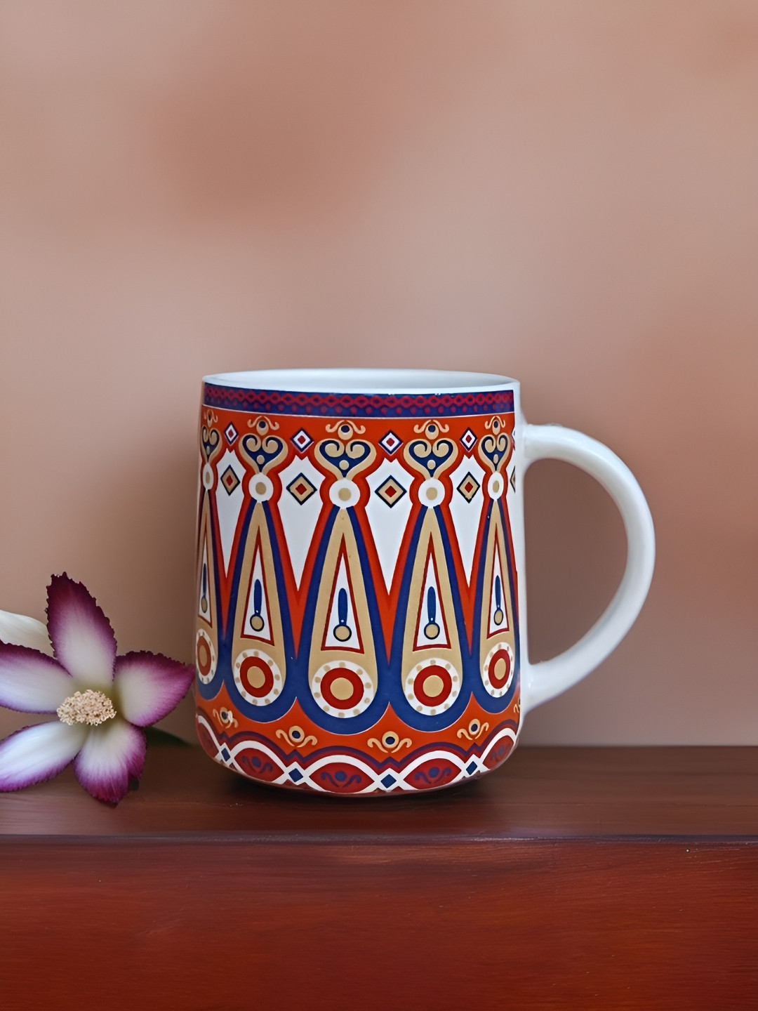 MITHILA Handicrafts Double Wall Red Ethnic Motifs Ceramic Microwave Safe 2 Piece Mugs-280ml