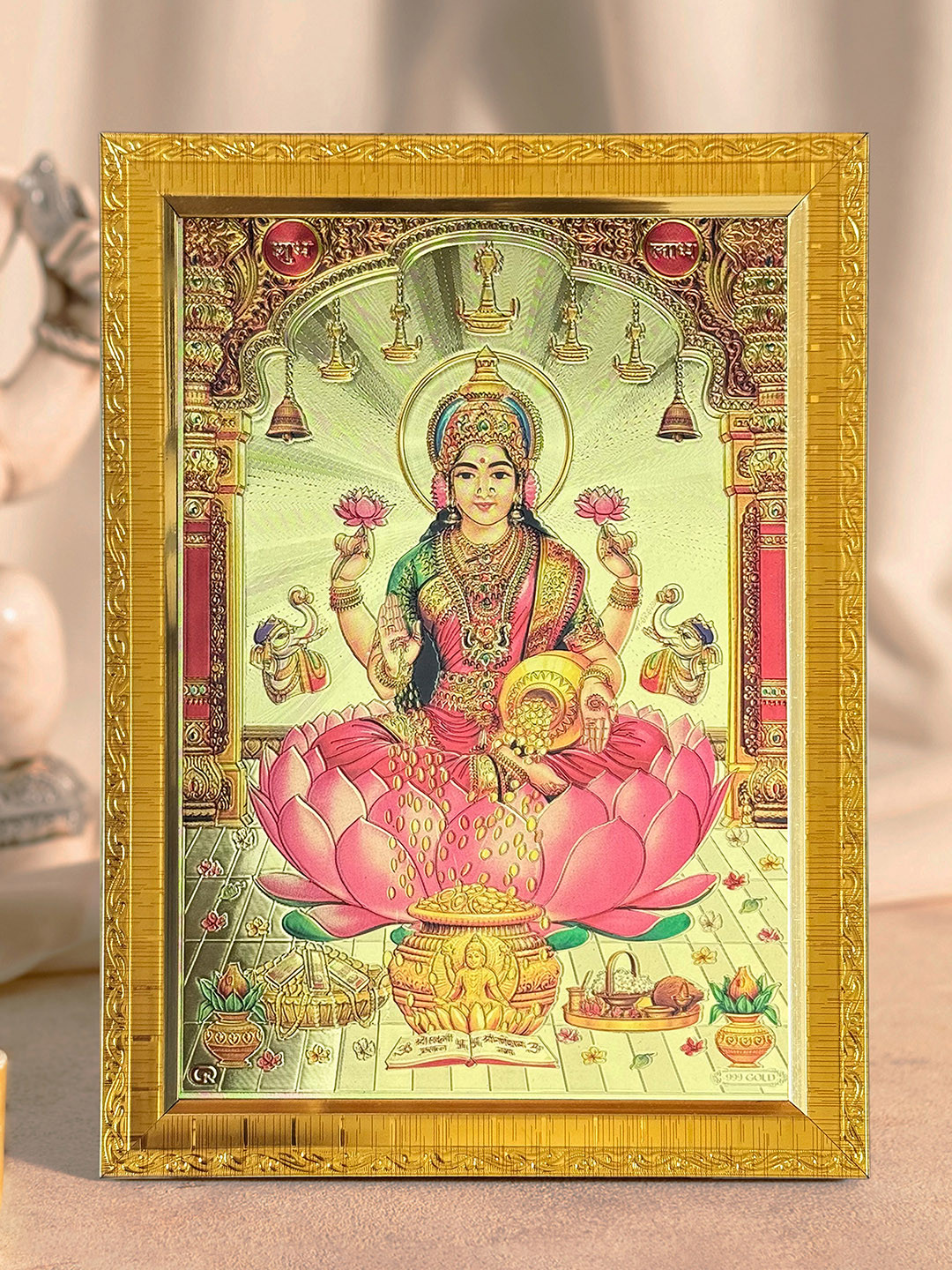 Art Street Gold-Toned & Pink Mata Laxmi Wooden Embossed Table Top Frame