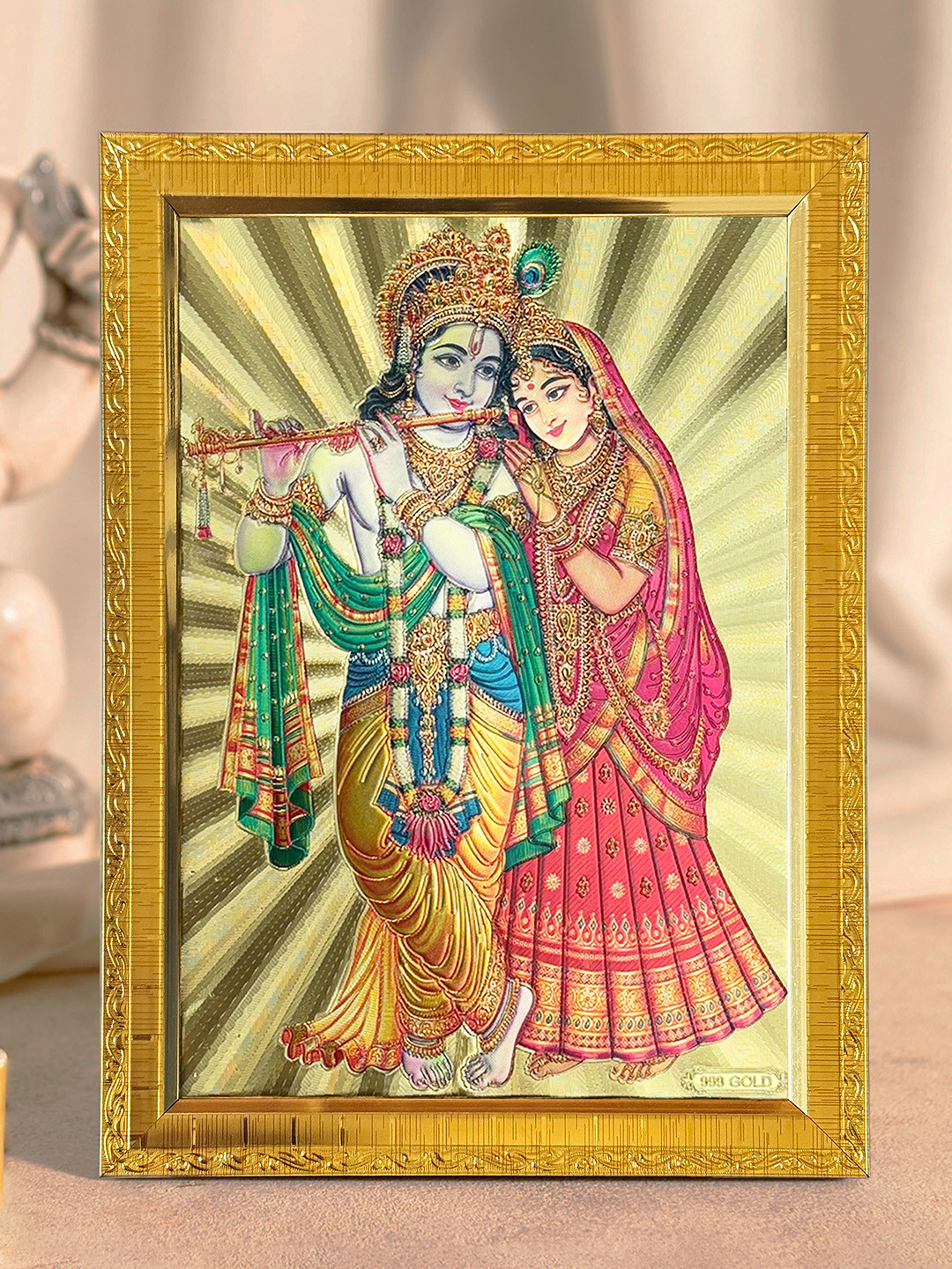 Art Street Gold-Toned & Pink Lord Radha Krishna Wooden Embossed Table Top Frame