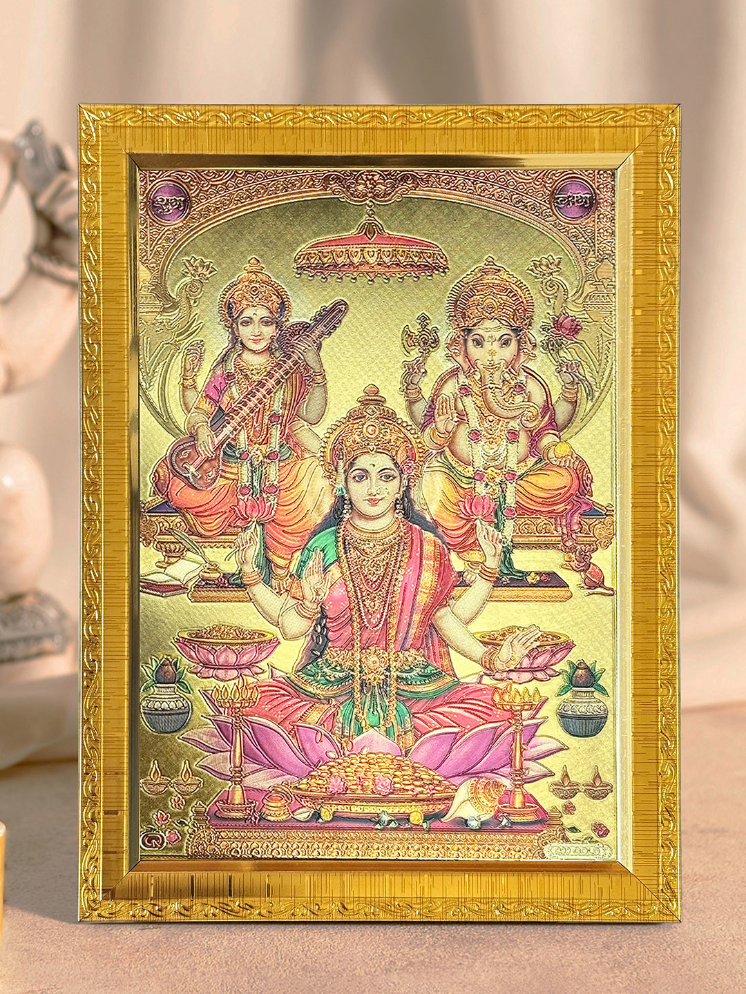 Art Street Gold-Toned & Pink Laxmi Saraswati Ganesh Wooden Embossed Table Top Frame