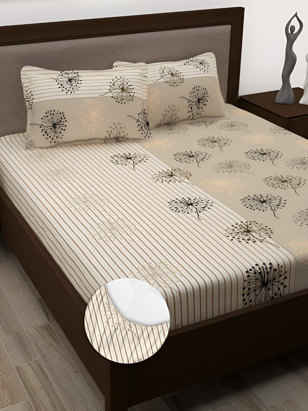 Story@home Metro Beige Floral Cotton 186 TC Fitted Queen Fine Bedsheet with 2 Pillow Covers-152 x 182 cm