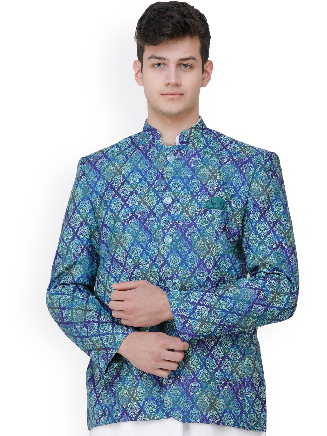 Exotic India Art Silk Bandhgala Blazer with Printed Mughal Motifs
