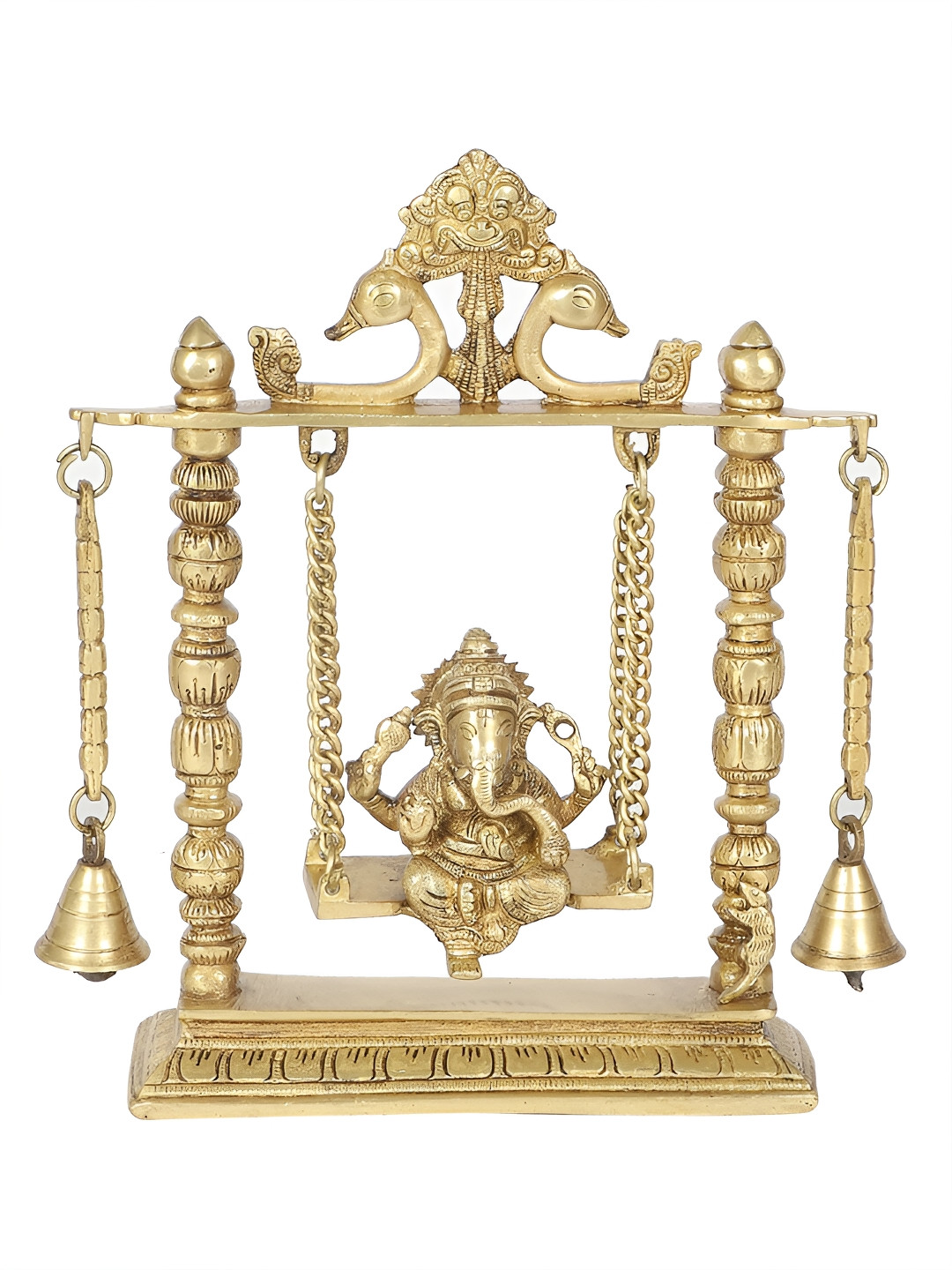 Two Moustaches Gold toned Brass Ganesha On Jhoola Swing with Bells Showpiece