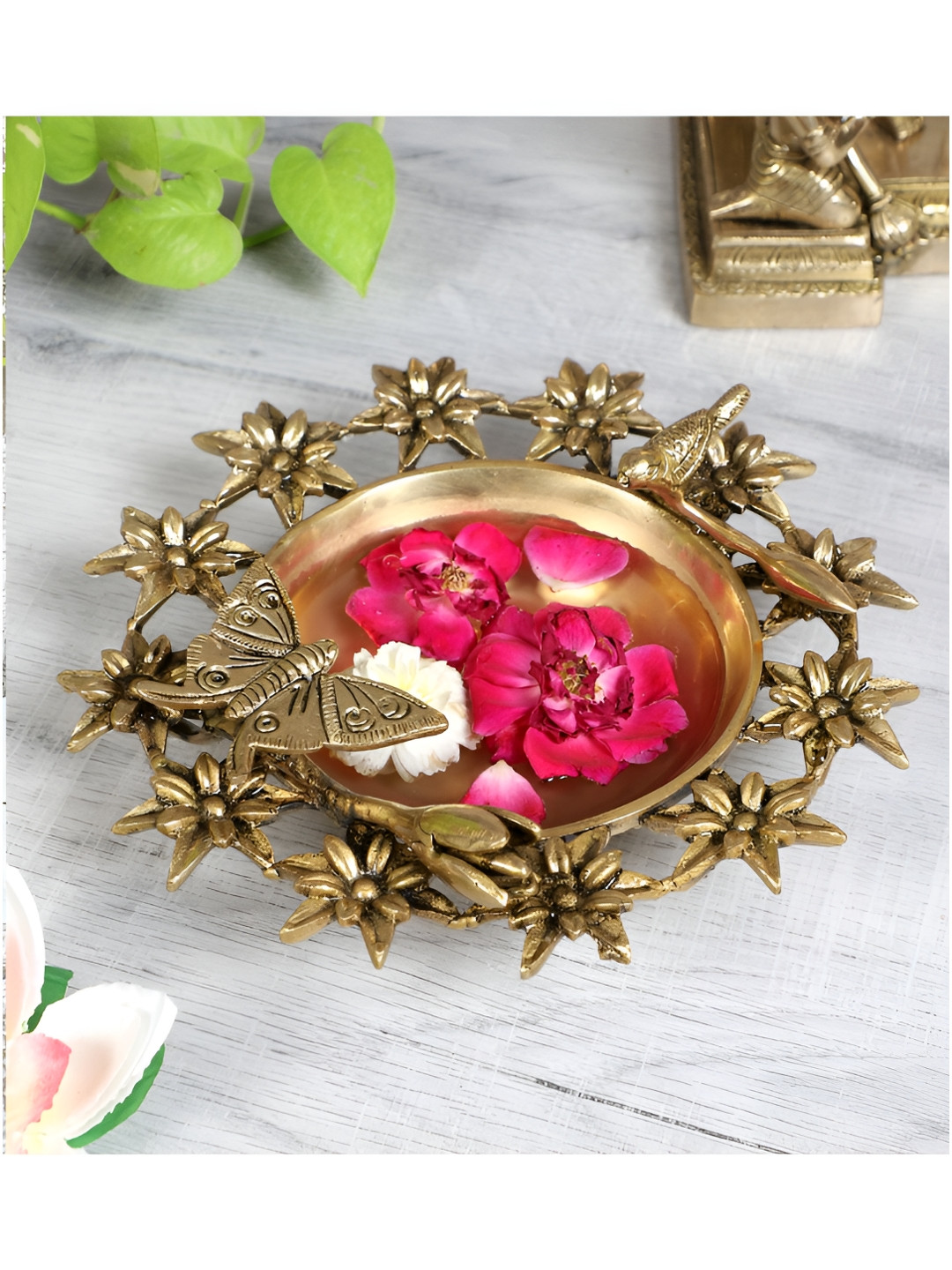 Two Moustaches Traditional Flowers Bird And Butterfly Style Brass Urli Bowl