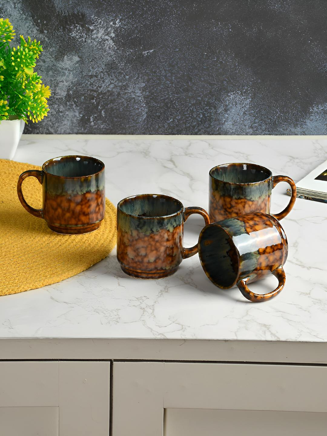 CLIO'S HERITAGE STORE Green Abstract Ceramic Microwave Safe 4 Piece Cups-120ml