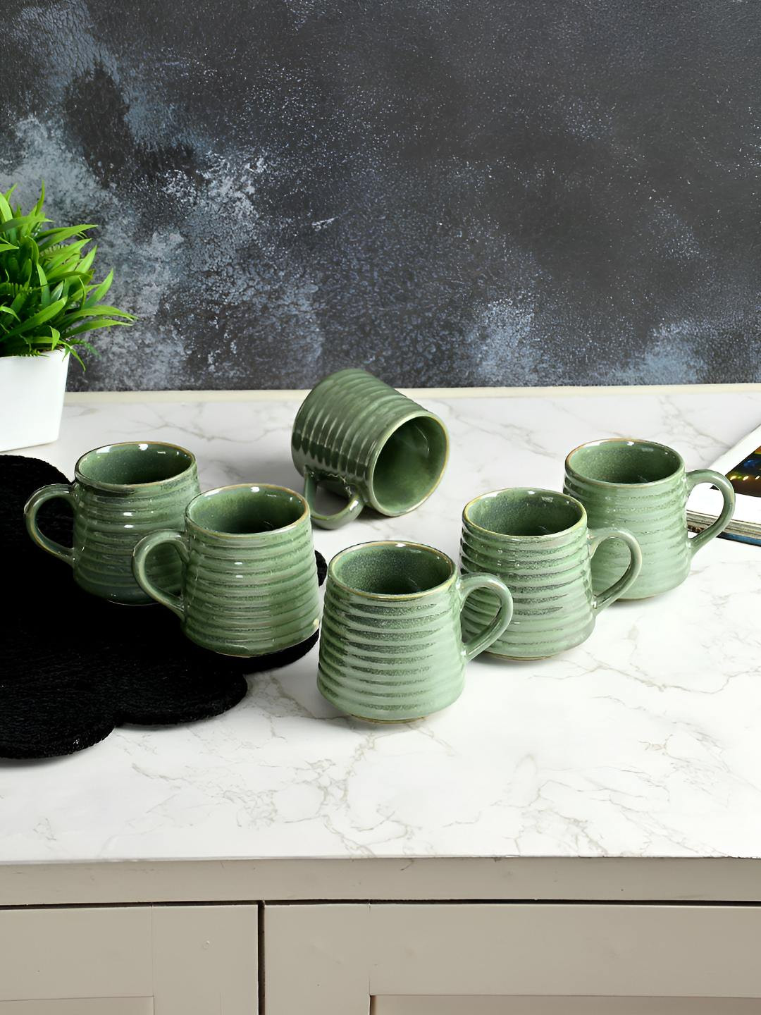 CLIO'S HERITAGE STORE Teri Meri Banti Nahi Tere Alawa Kisi Or Se Jamti Bhi Nahi Green Textured Ceramic Microwave Safe 6 Piece Cups-180ml