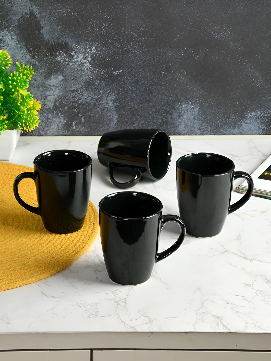 CLIO'S HERITAGE STORE Minimal Art Black Ceramic Microwave Safe 4 Piece Cups-300ml