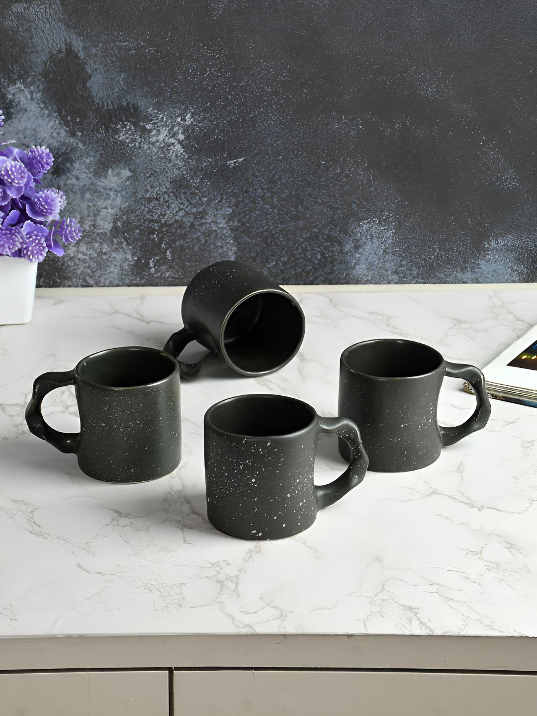 CLIO'S HERITAGE STORE Black Ceramic Microwave Safe 4 Piece Cups-300ml