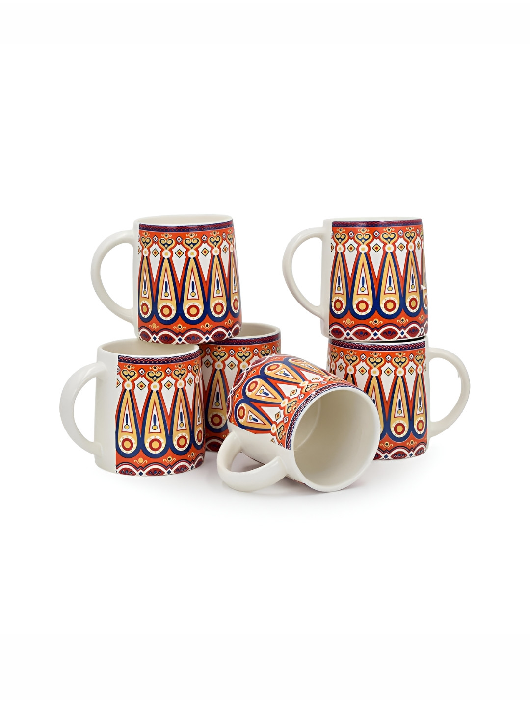 MITHILA Handicrafts Red Ethnic Motifs Ceramic Handmade 6 Piece Mugs-280ml