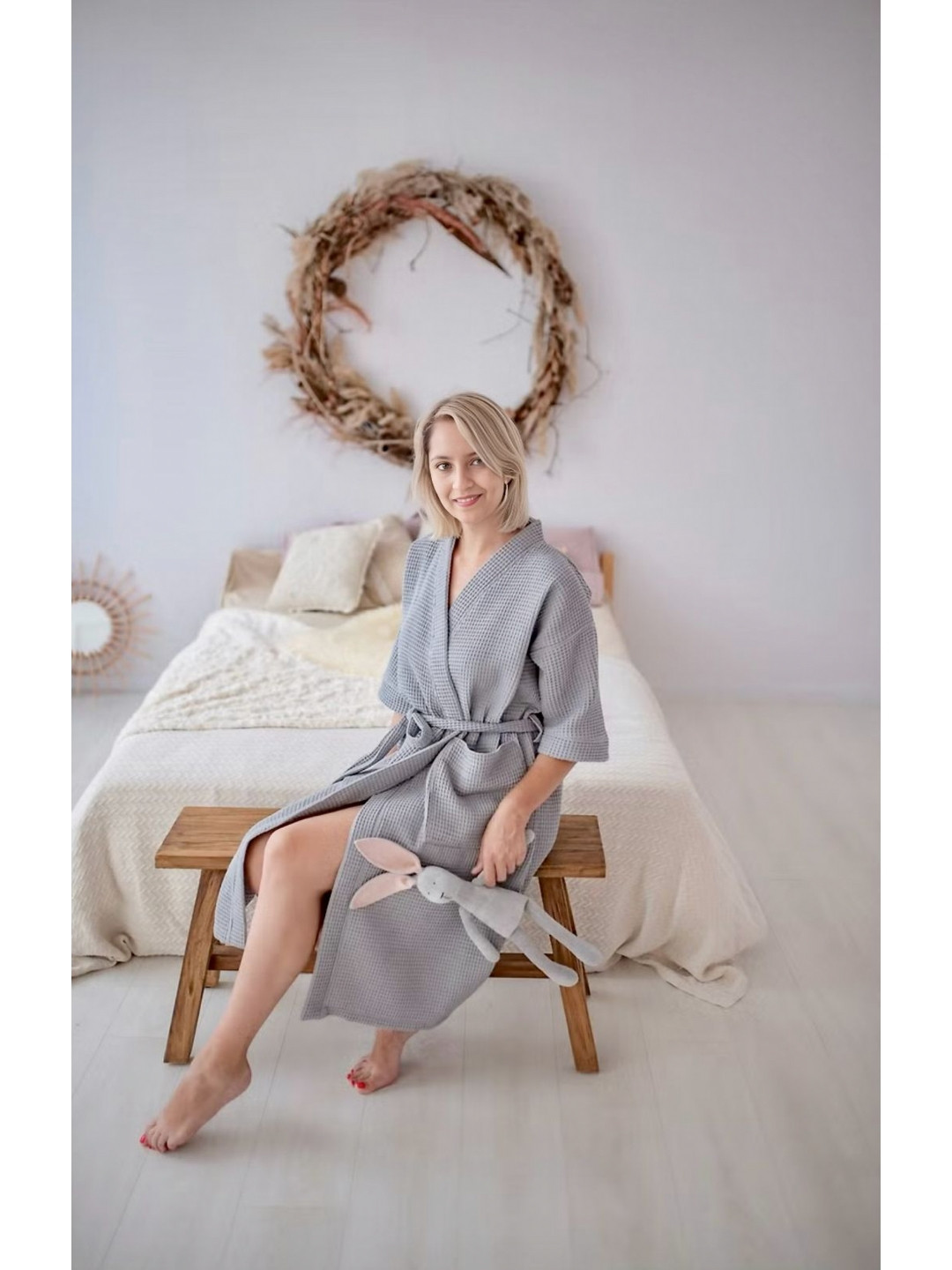 Sanjeev Textiles Waffle Grey Self Design Cotton Drawstring Midi Bath Robe