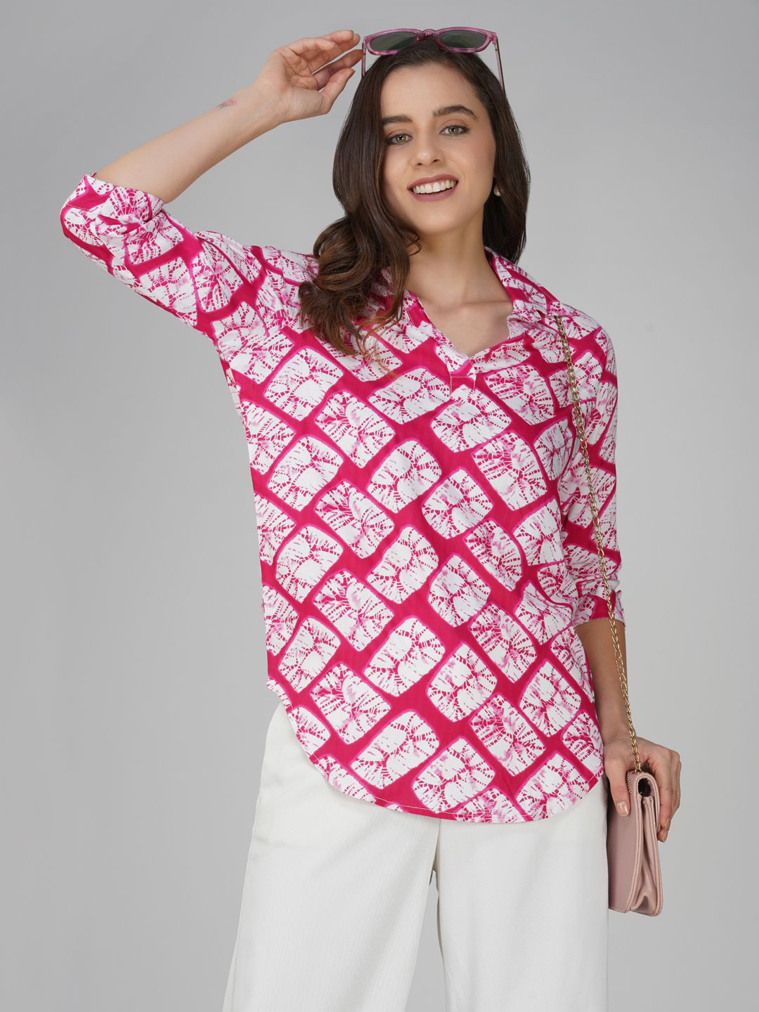 KALINI Geometric Print Mandarin Collar Top