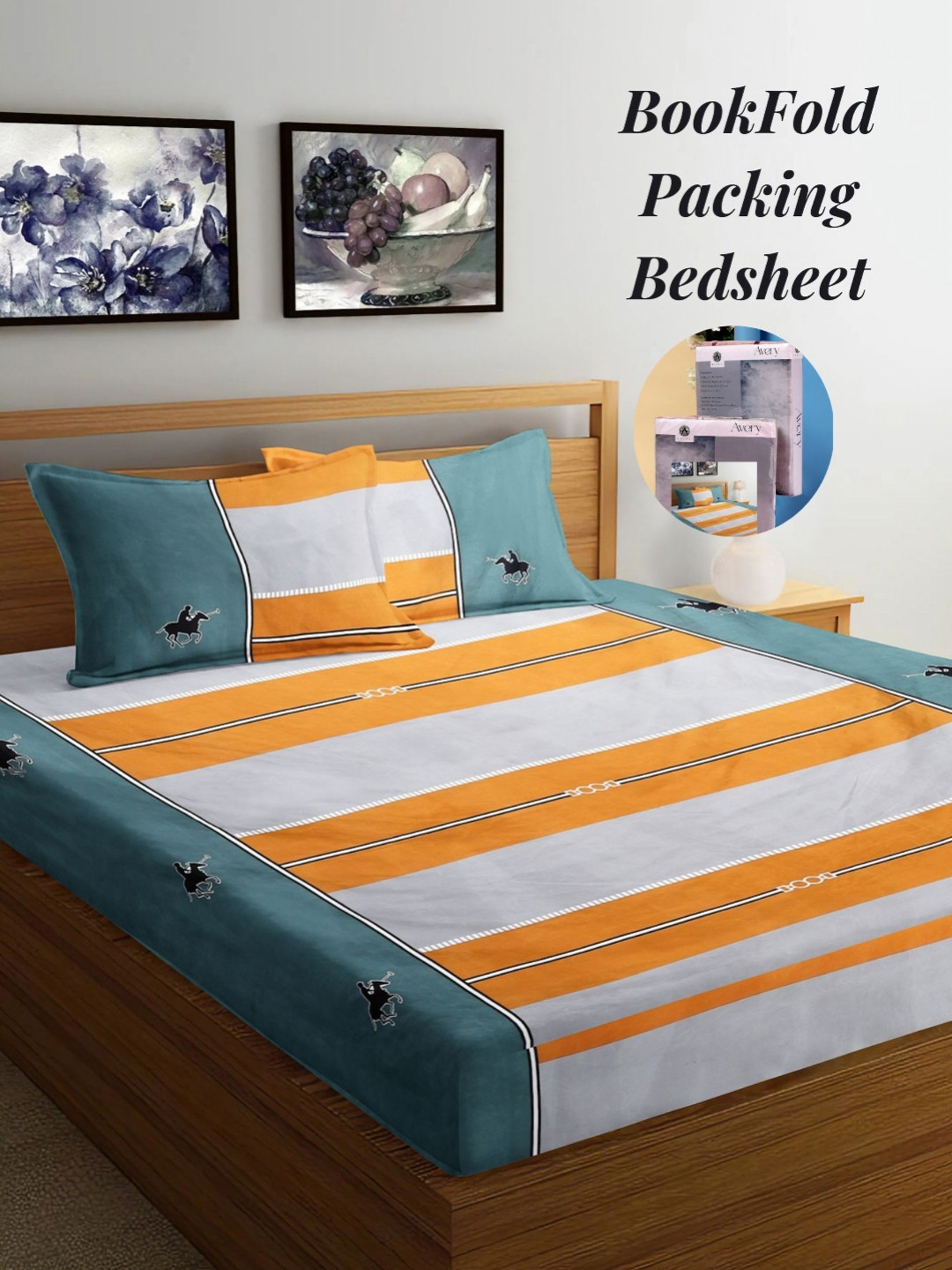 Arrabi Bookfold Blue Graphic Cotton 300 TC King Fine Bedsheet with 2 Pillow Covers-106 x 102 inches