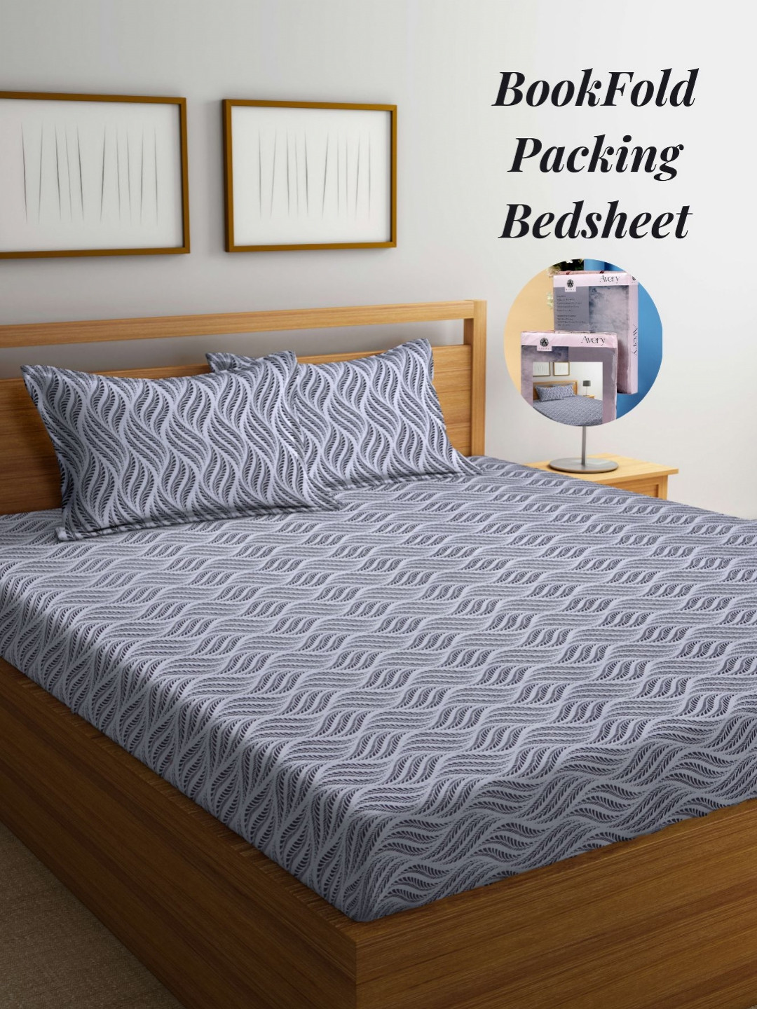 Arrabi Grey Graphic Cotton 300 TC King Superfine Bedsheet with 2 Pillow Covers-250 x 215 cm