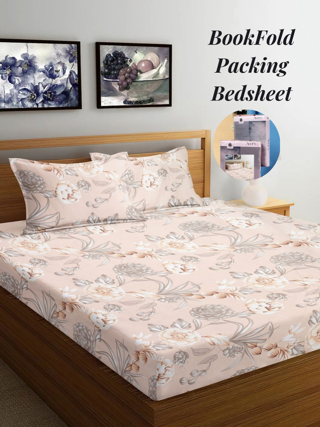 Arrabi Beige Floral Polycotton Dotted 300 TC King Fine Bedsheet with 2 Pillow Covers-98 x 85 inches