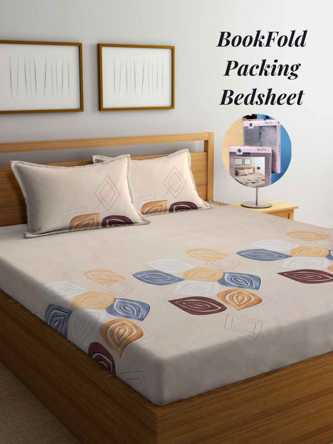 Arrabi Bookfold Cream Graphic Polycotton 300 TC King Fine Bedsheet with 2 Pillow Covers-98 x 85 inches
