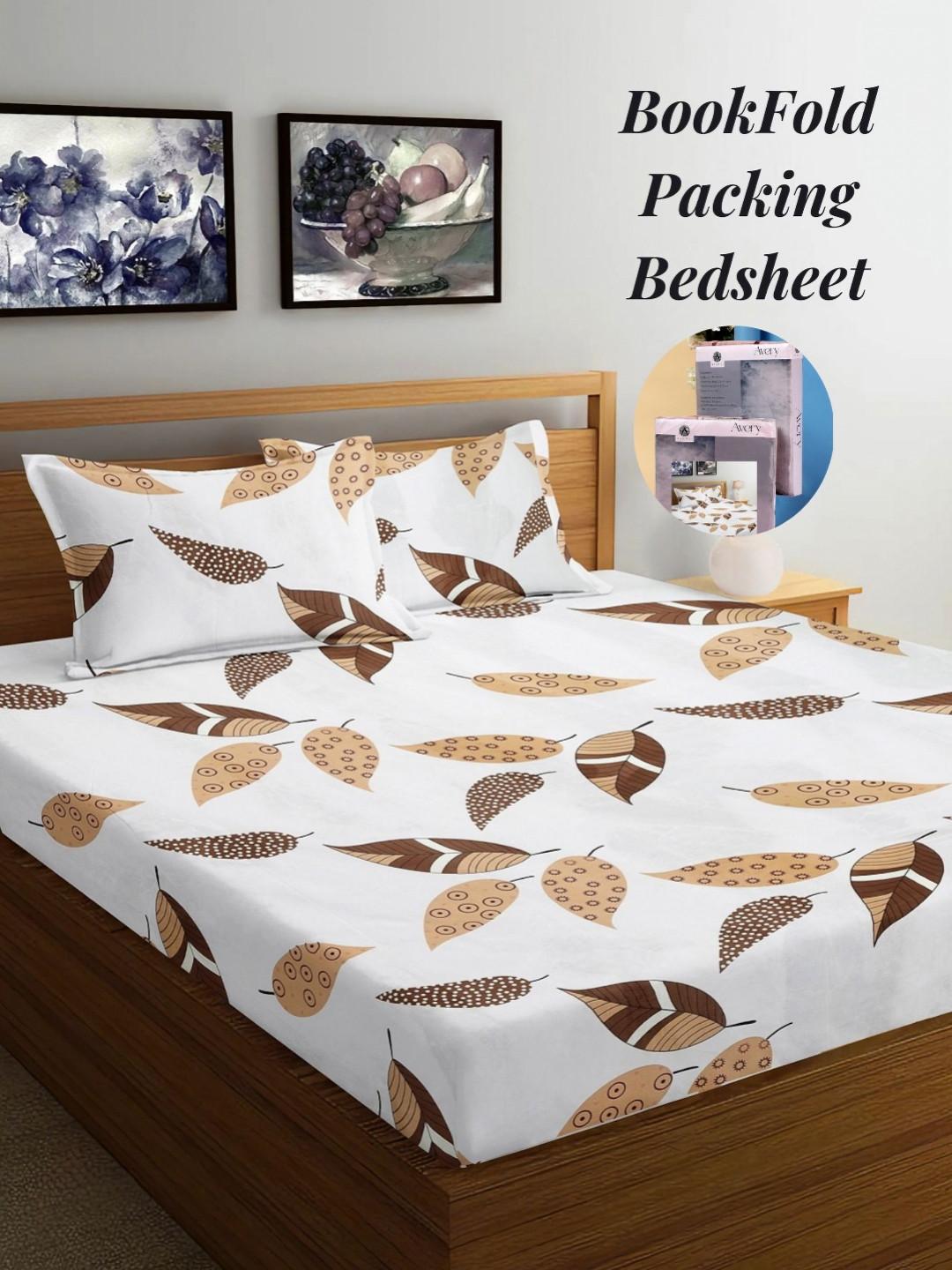 Arrabi Bookfold Cream Leaf Polycotton 300 TC King Fine Bedsheet with 2 Pillow Covers-59 x 87 inches