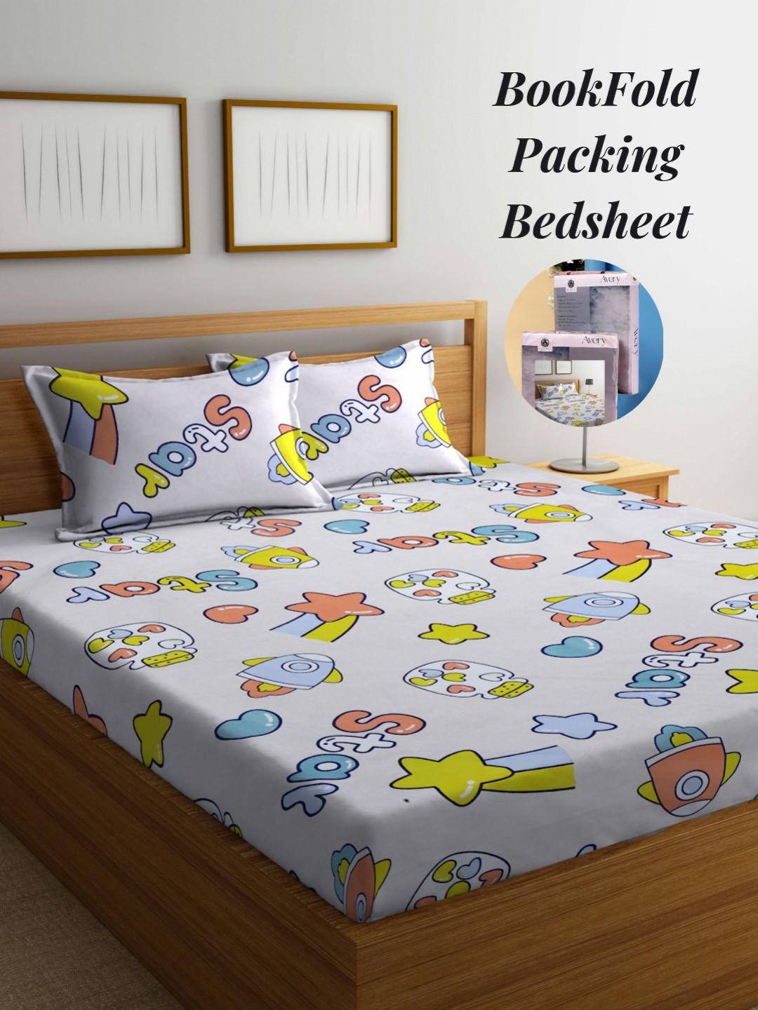 Arrabi Beige Graphic Cotton 300 TC King Fine Bedsheet with 2 Pillow Covers-250 x 215 cm