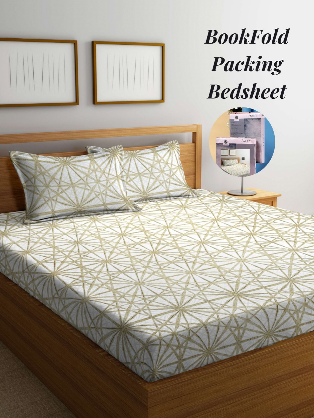 Arrabi Bookfold Beige Abstract Polycotton 300 TC King Fine Bedsheet with 2 Pillow Covers-98 x 85 inches