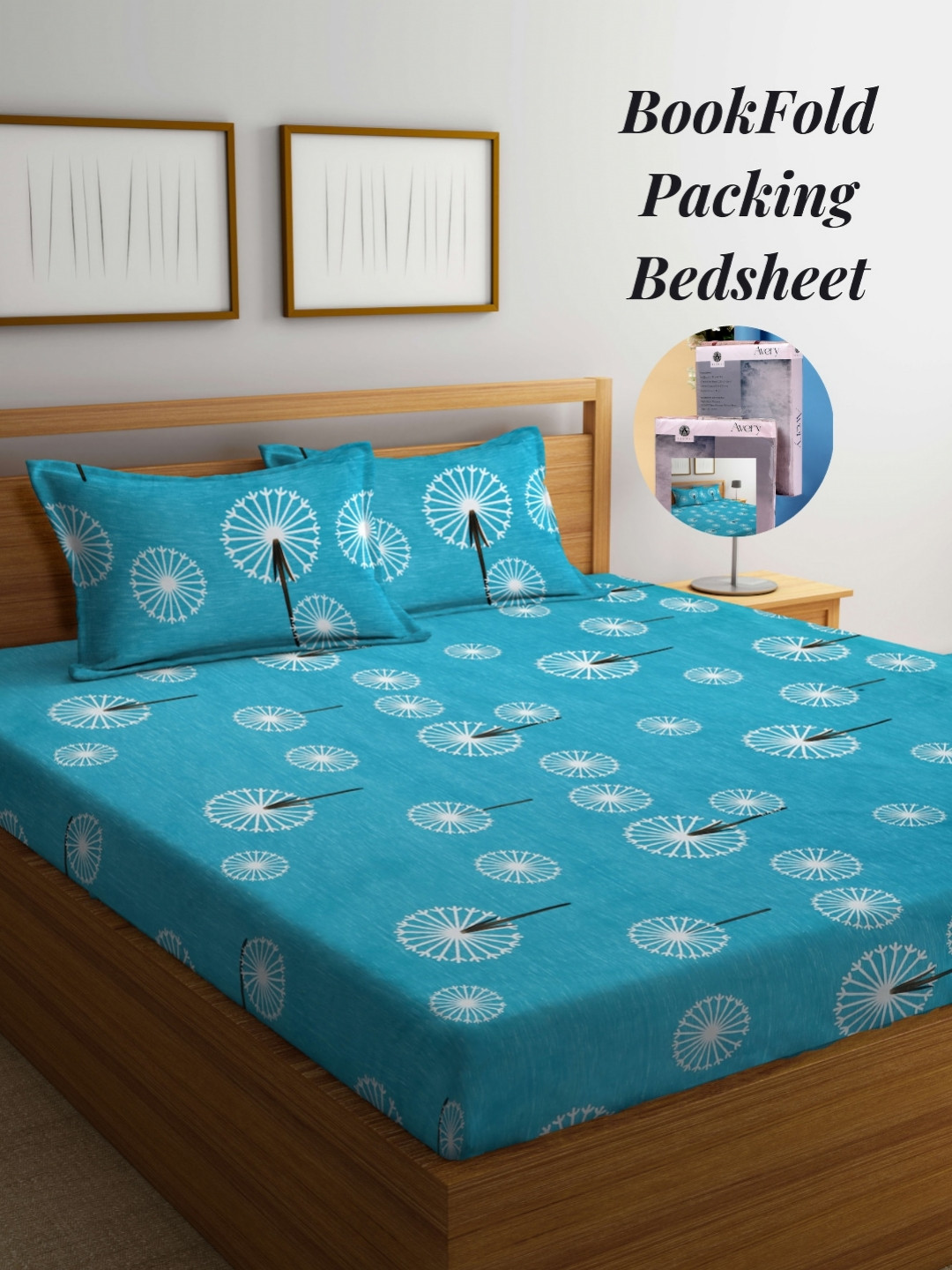 Arrabi Bookfold Teal Ethnic Motifs Polycotton 300 TC Super King Fine Bedsheet with 2 Pillow Covers-59 x 87 inches
