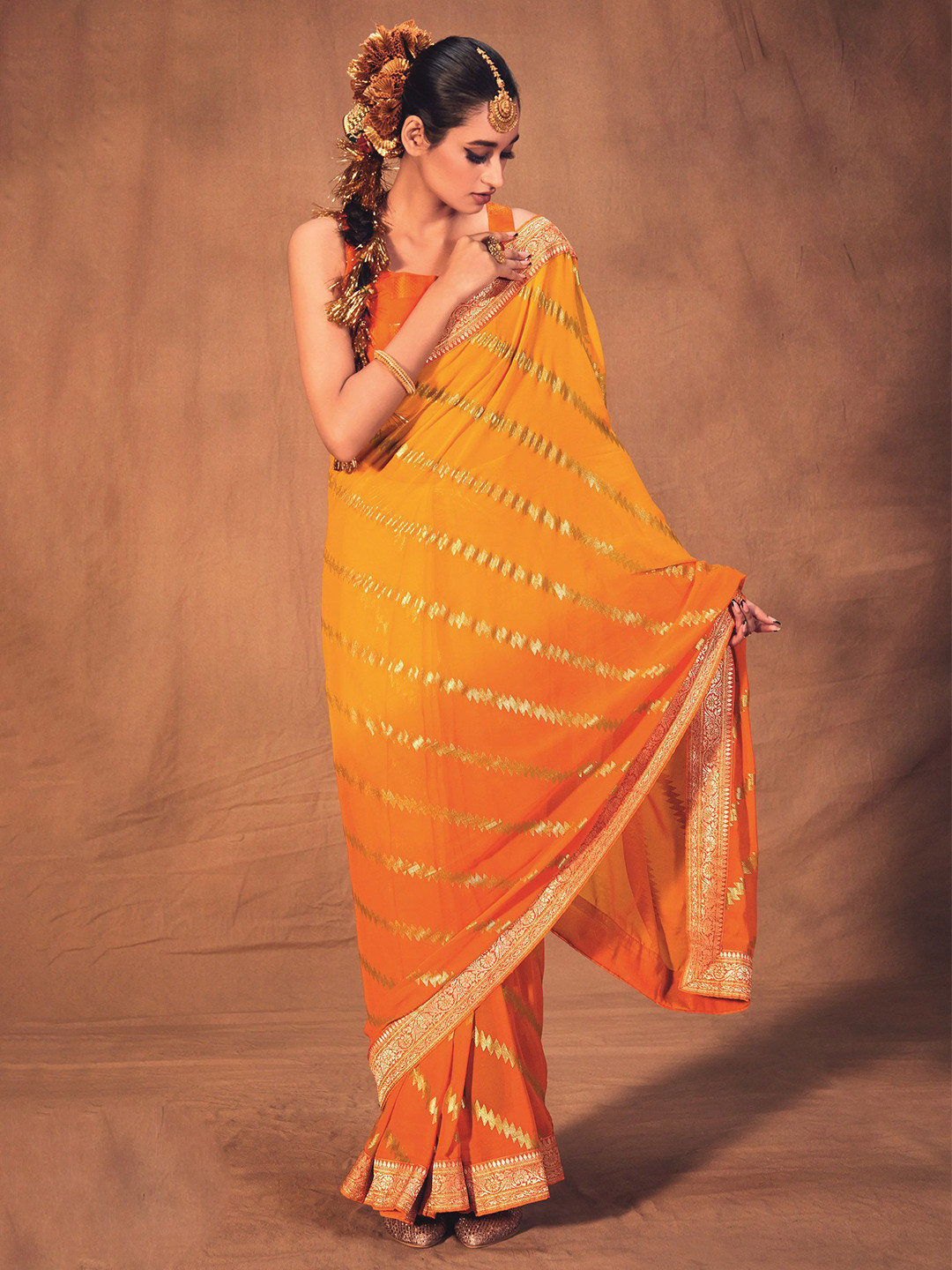 Mitera Embroidered Leheriya Saree With Blouse Piece