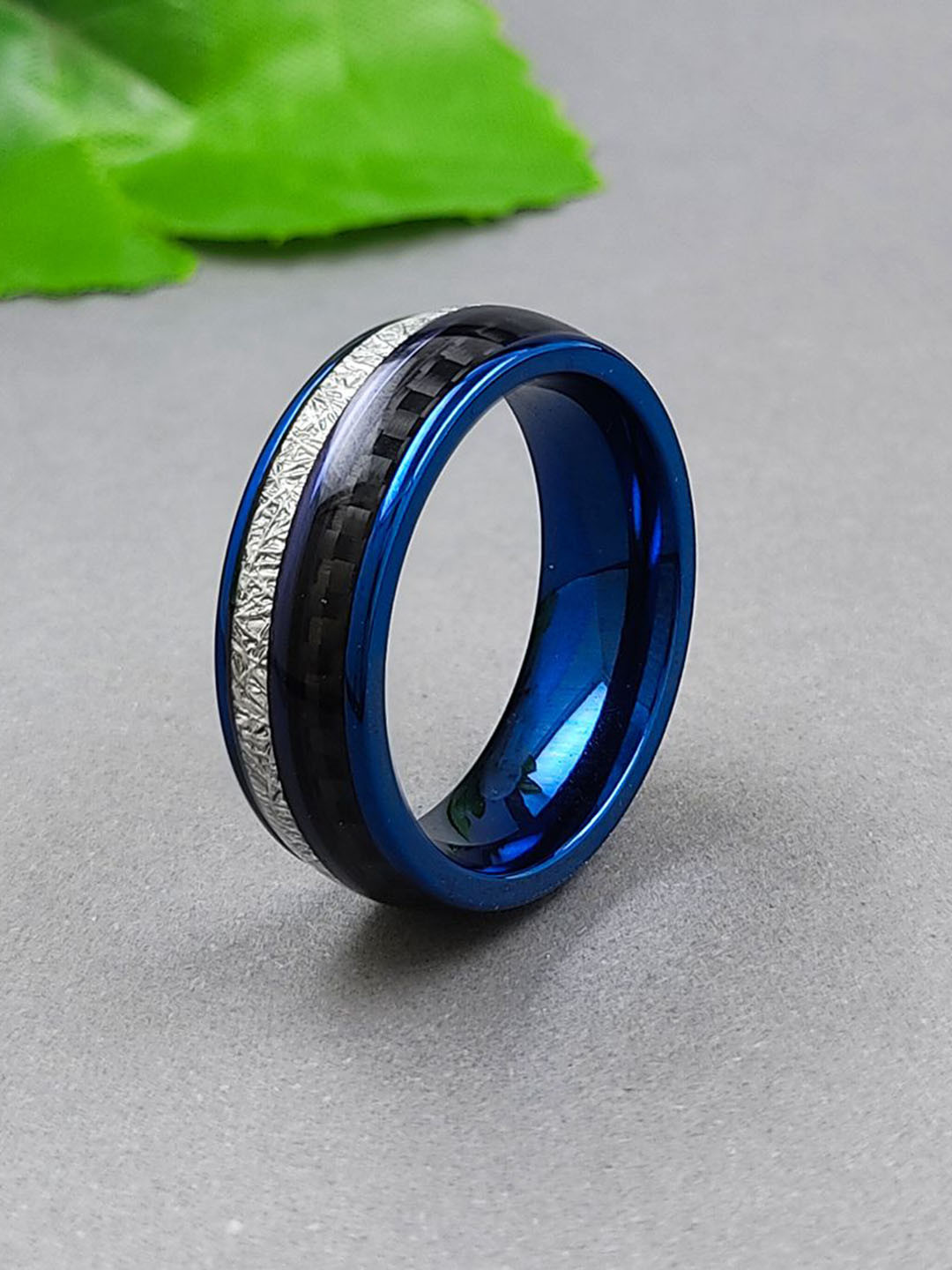 Saizen Dark Blue Stainless Steel Textured Finger Ring